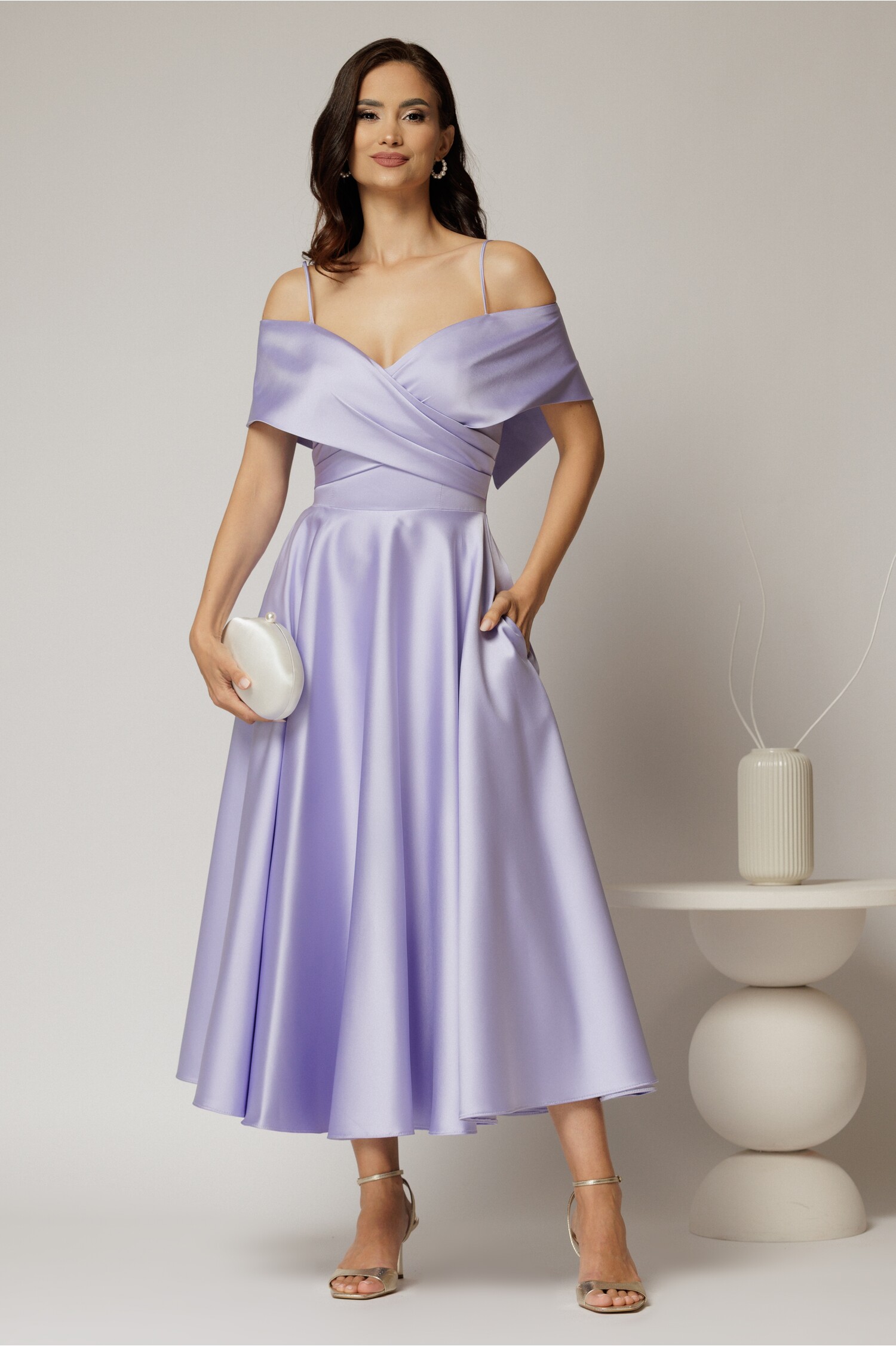 Rochie Midi Lila Tafta Ocazie Umeri Goi