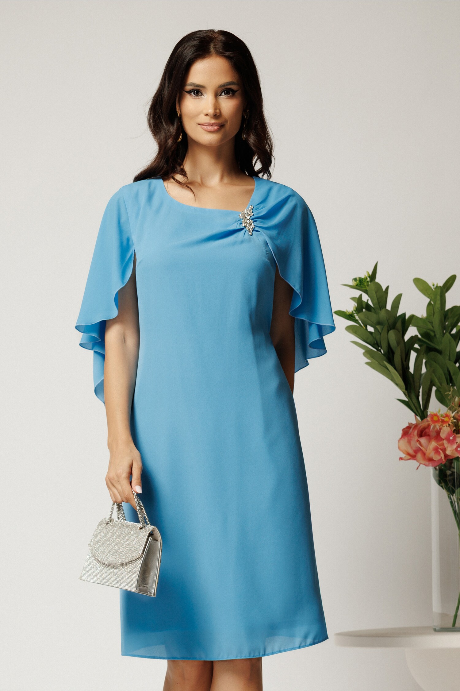 Rochie Cununie Civilă Bleu cu Accesoriu Strălucitor
