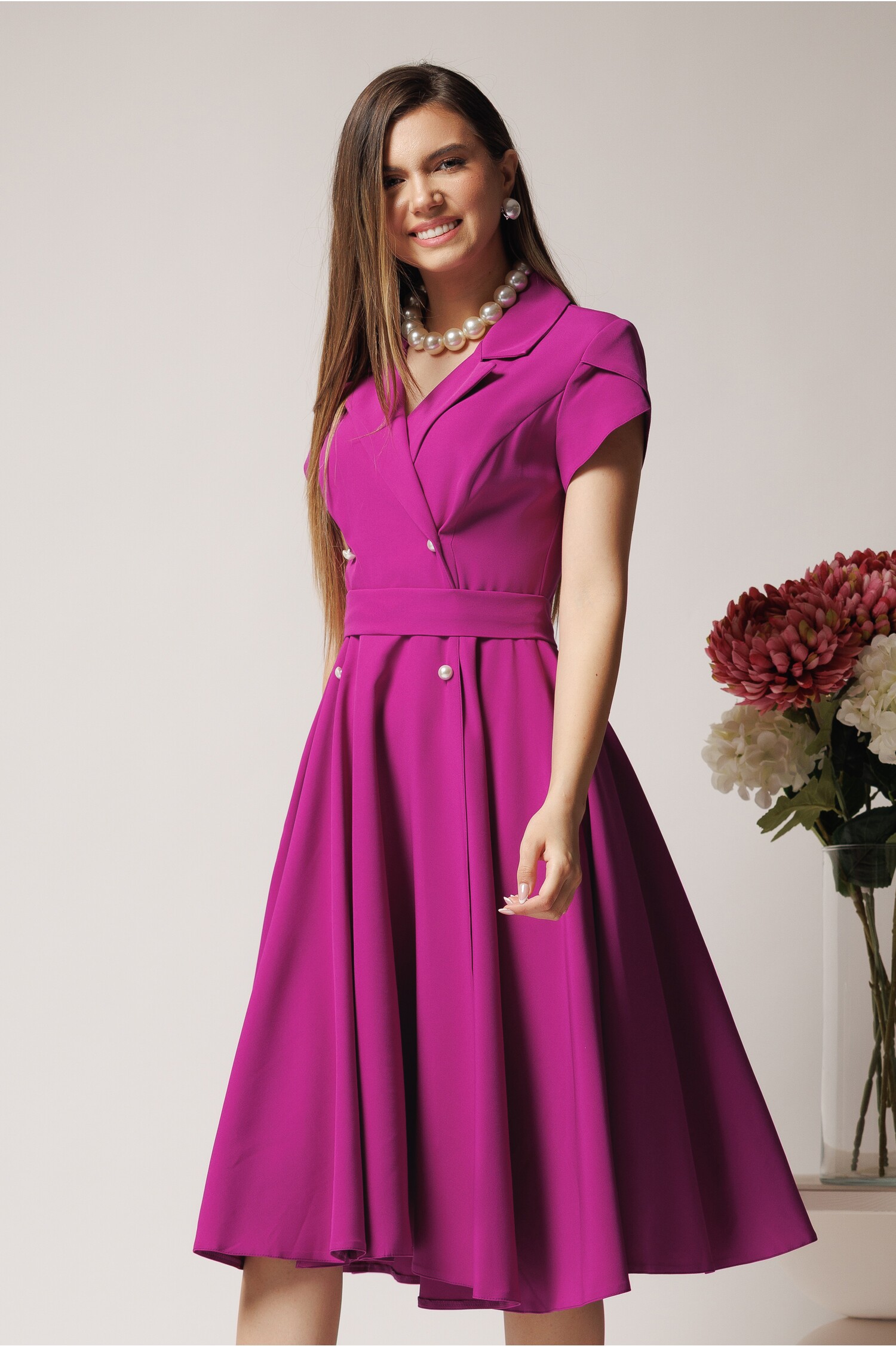 Rochie office magenta cu cordon