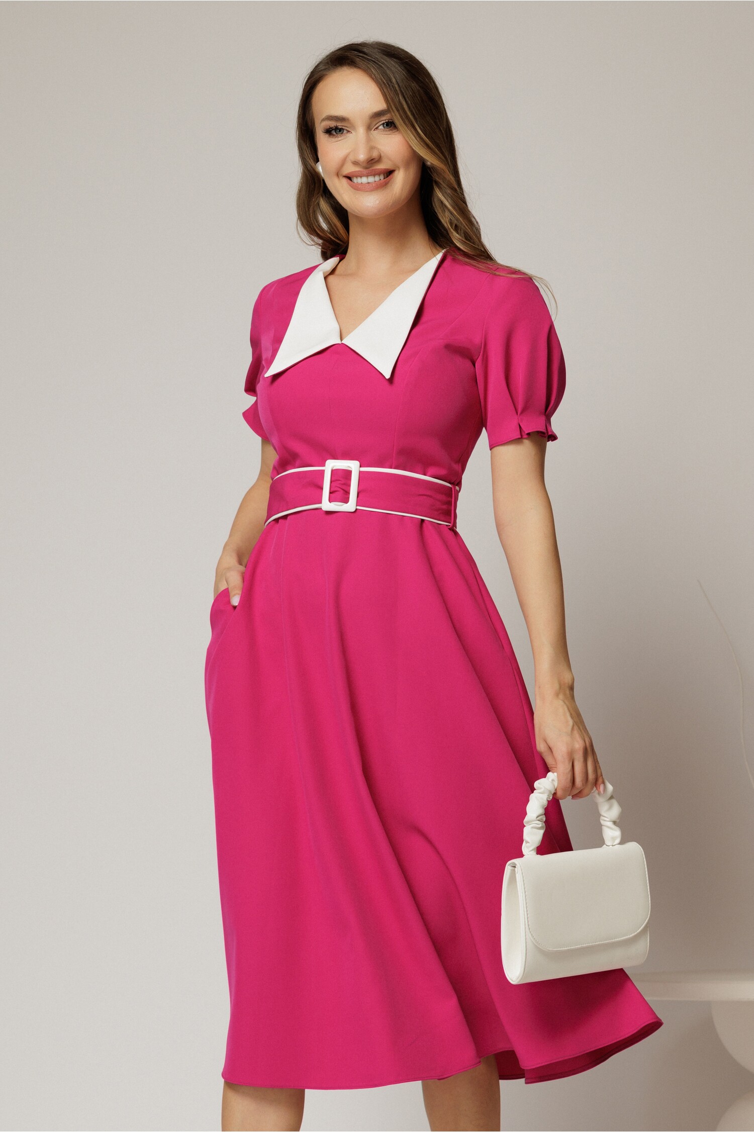 Rochie Midi Fucsia cu Guler Alb și Cordon