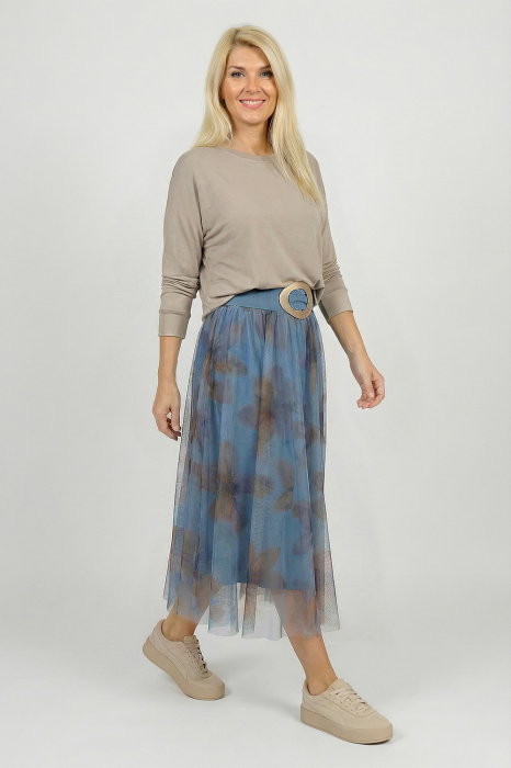 Fusta clos tulle Shopika, bleu cu flori