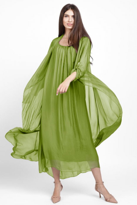 Compleu cu rochie si blazer din matase si vascoza, verde oliv