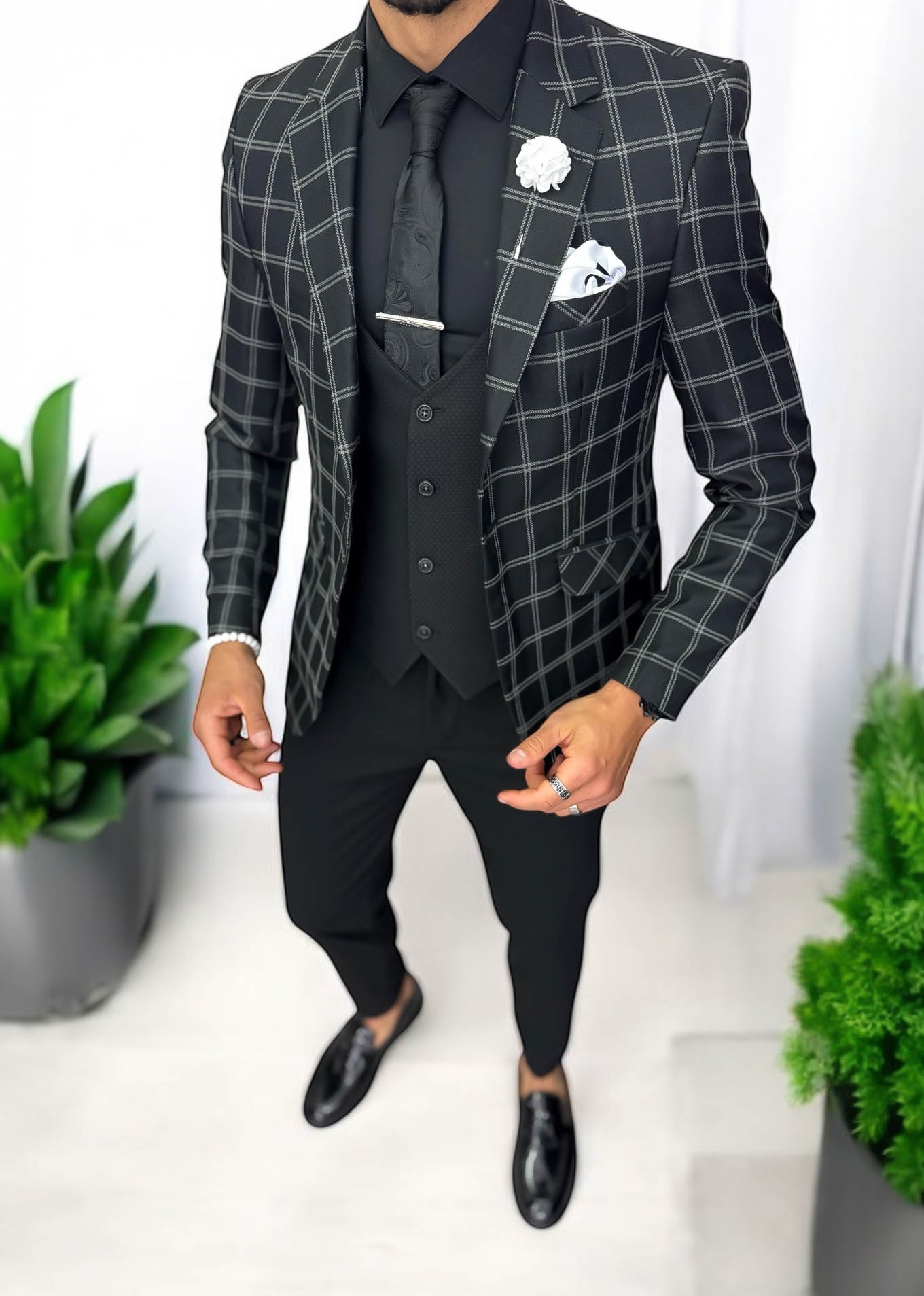 Sacou Barbati Slim Fit Negru Carouri - Versatil