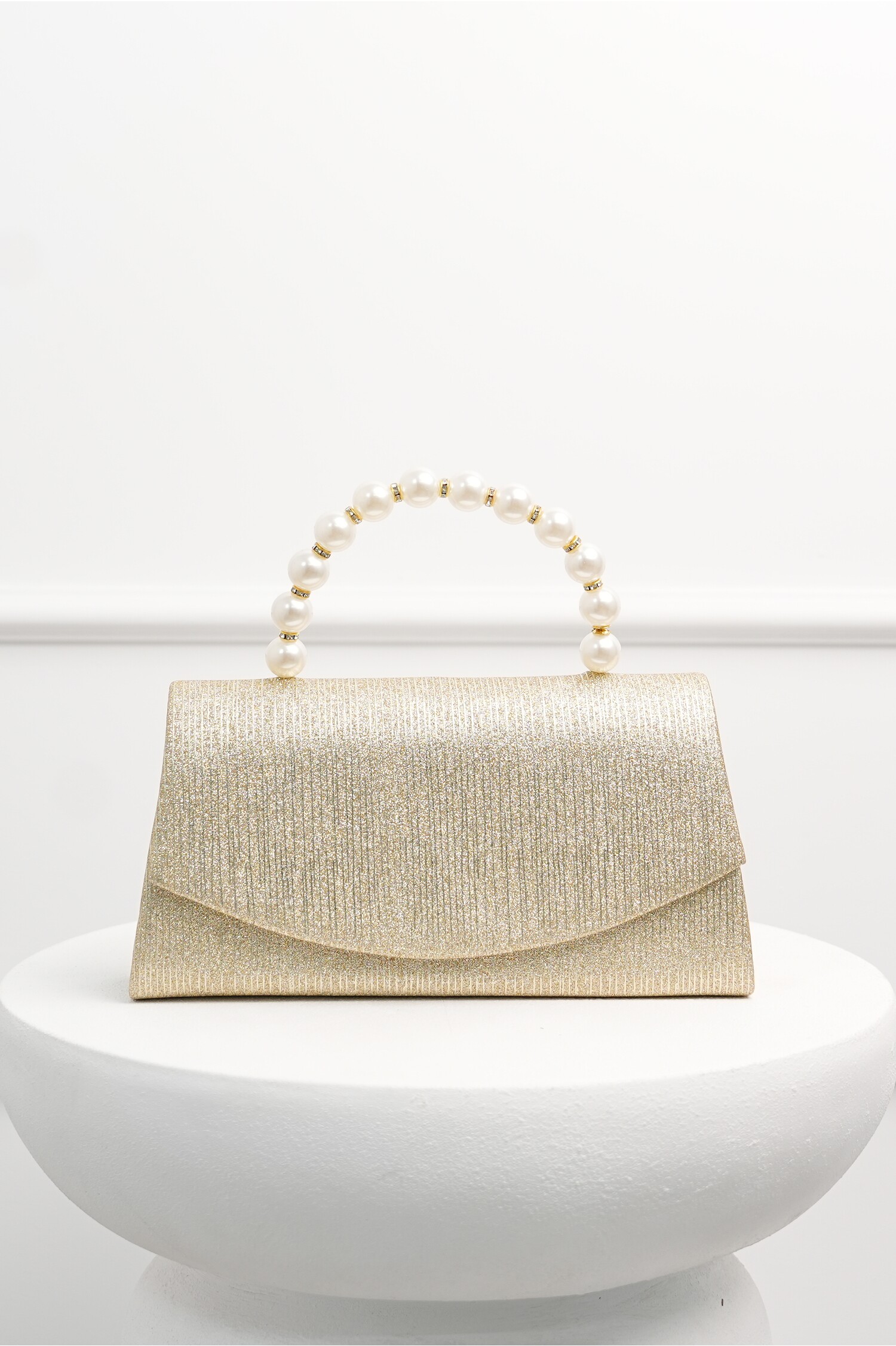 Clutch Elegant Auriu cu Maner Perle