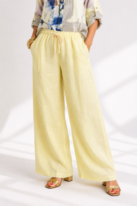 Pantaloni largi de vara din in, cu talie elastica, galbeni