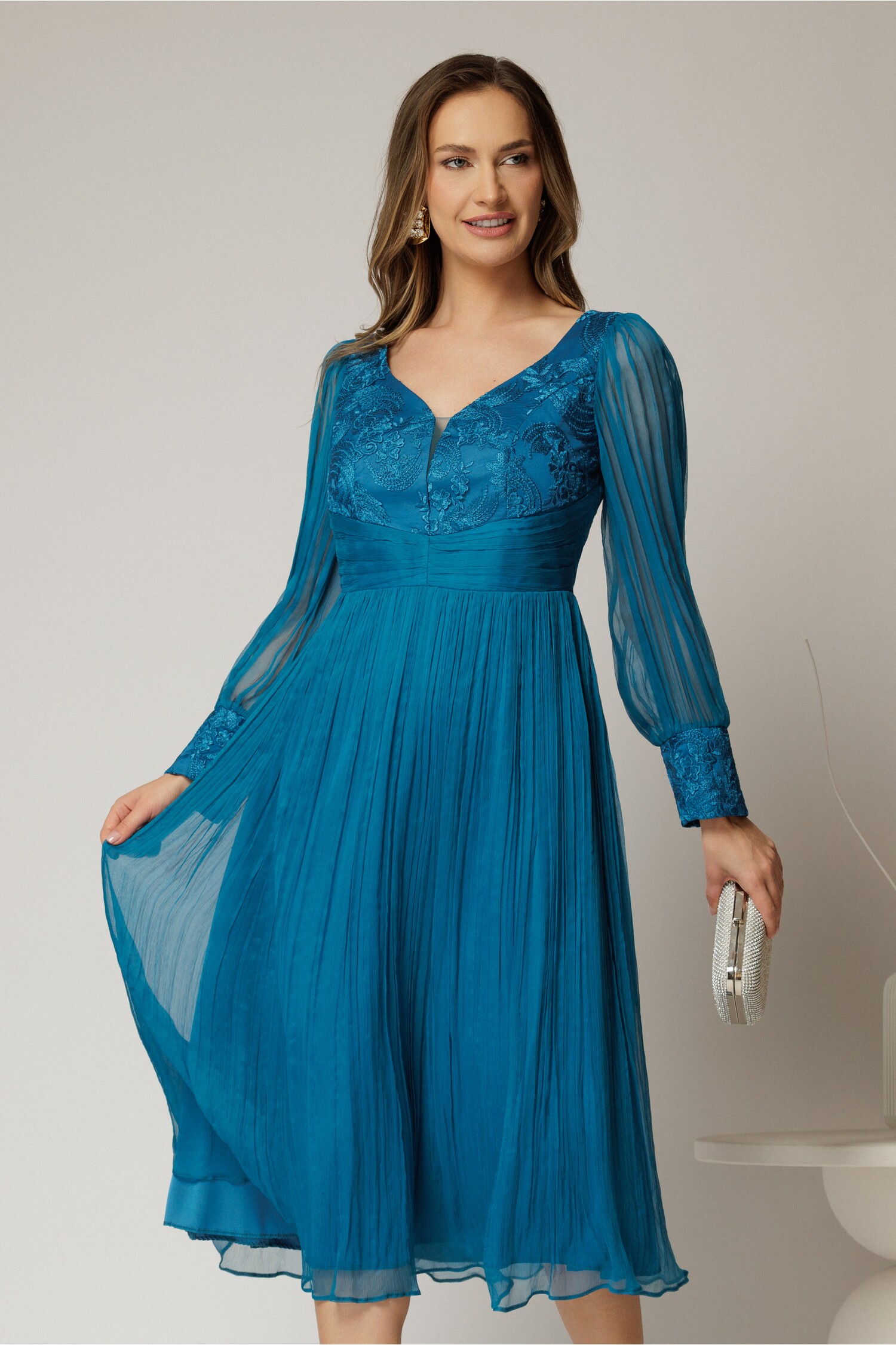 Rochie Turcoaz Mătase Naturală cu Broderie