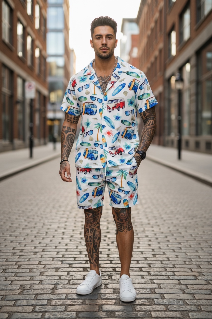 Compleu Vară Imprimeu Cămașă și Pantaloni Elegant