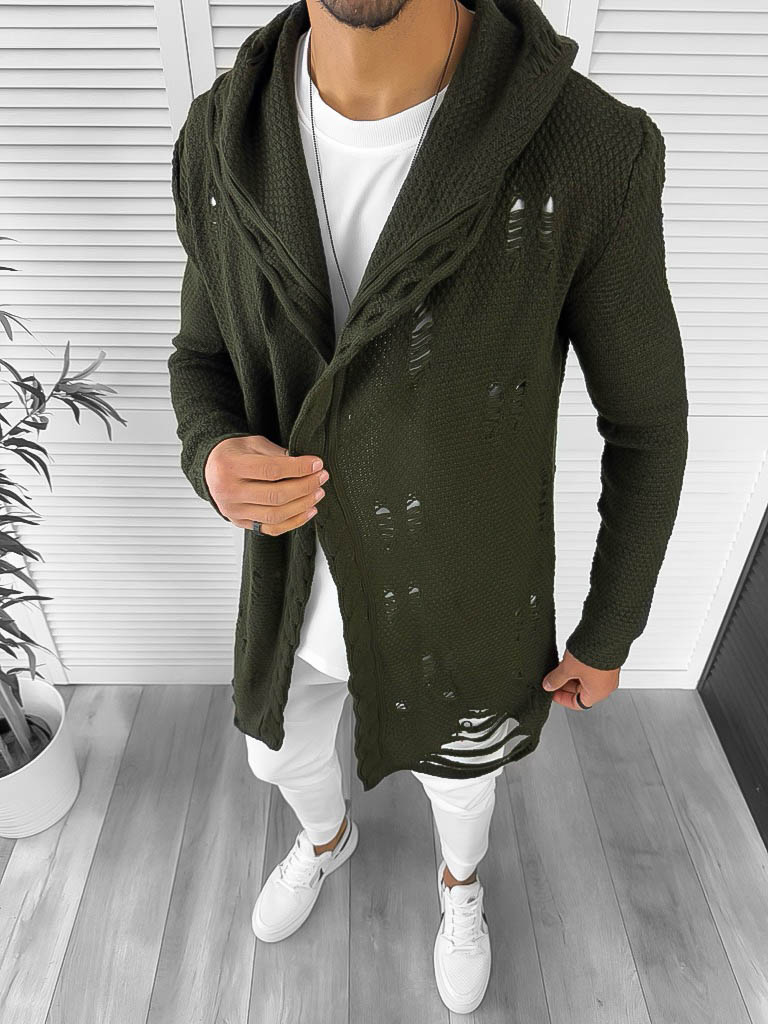 Cardigan Barbati Kaki Slim Fit cu Gluga | Stil Urban