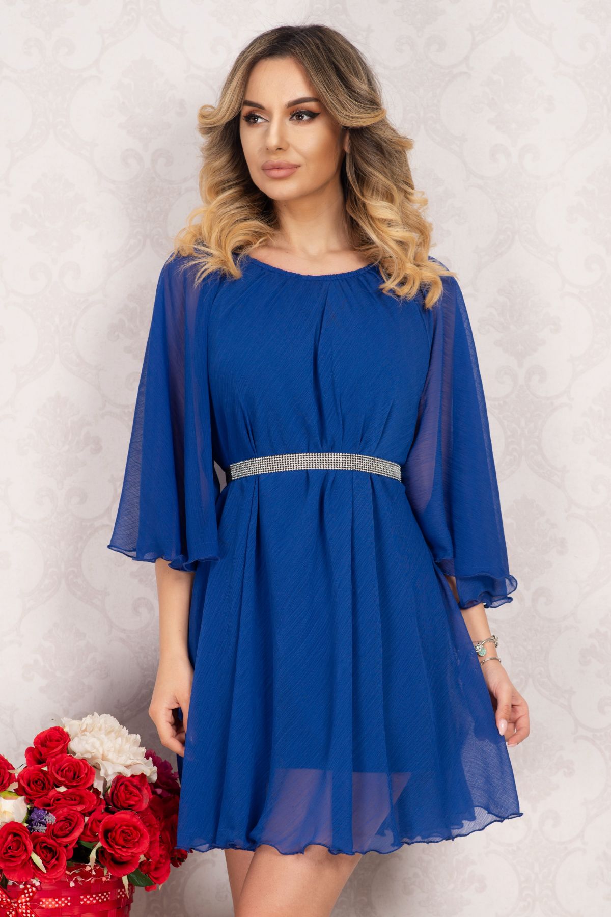 Rochie Albastră InPuff cu Mâneci Evazate