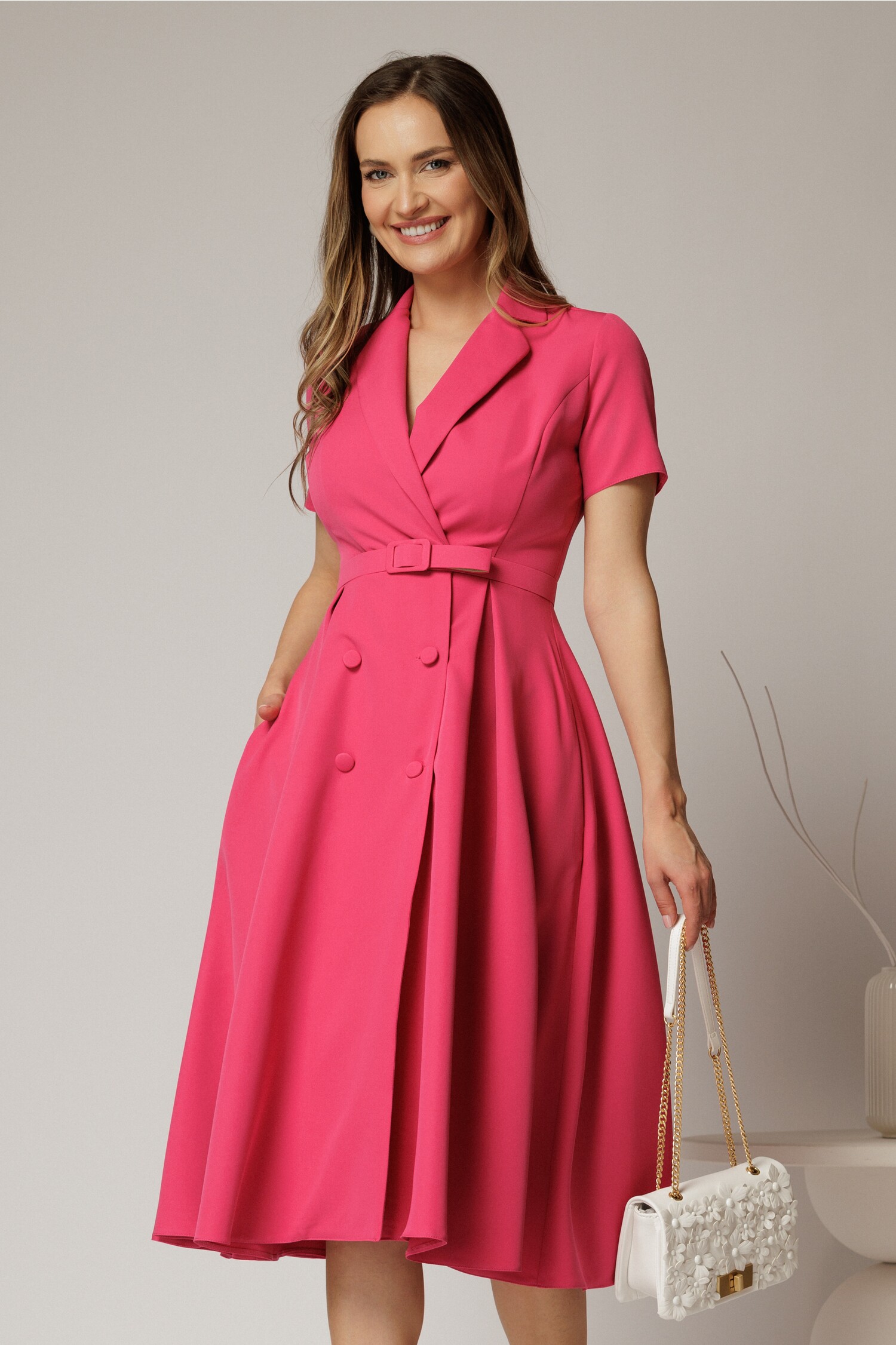 Rochie DY Fashion Midi Roz Zmeura cu Decolteu Petrecut