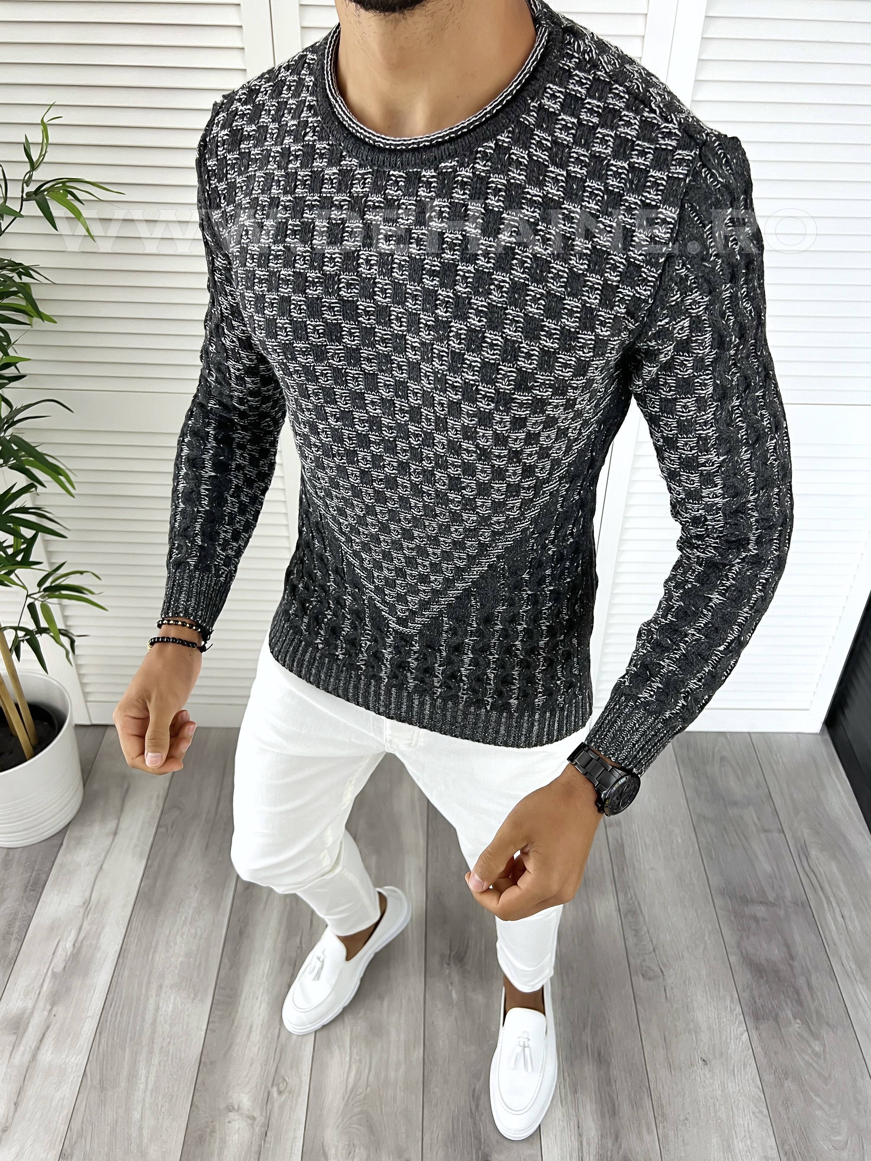 Pulover Barbati Slim Fit Gri Gros Elegant