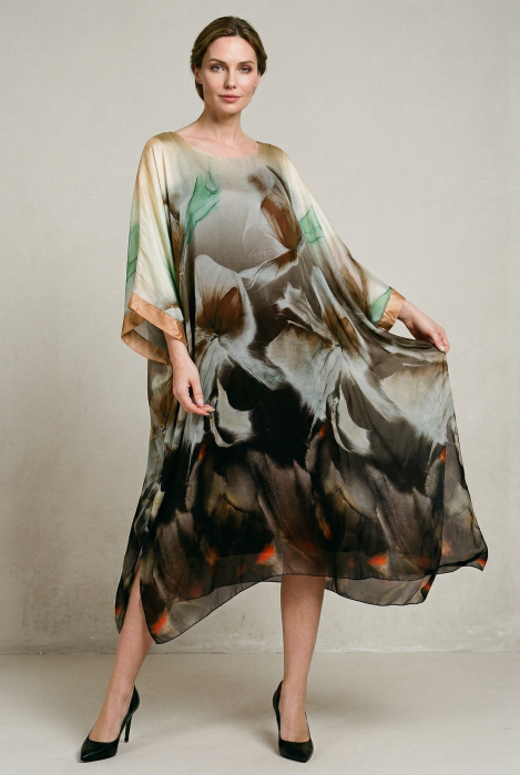 Rochie Shopika matase print abstract, croi amplu