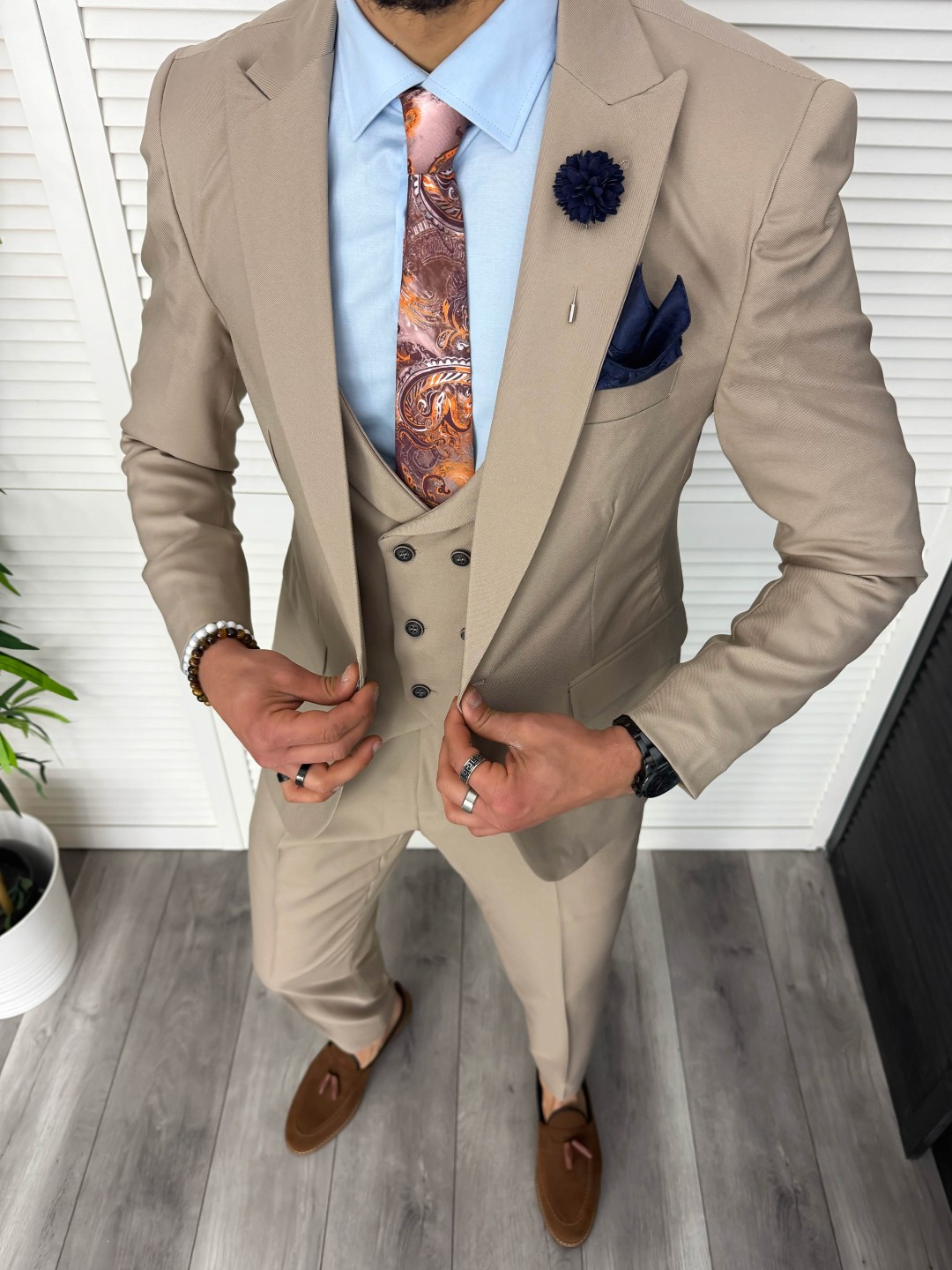 Costum Barbati Slim Fit 3 Piese Bej Elegance