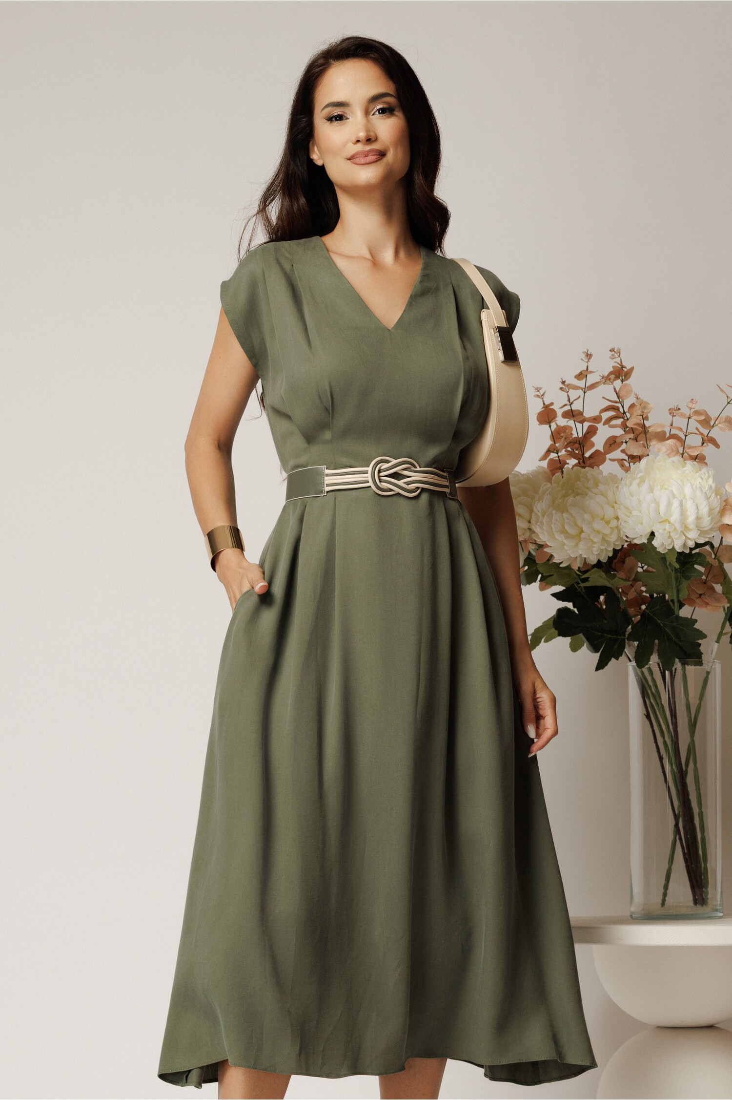 Rochie Tencel Kaki Pliată cu Curea
