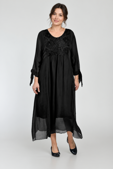 Rochie neagră lungă Shopika cu mătase și dantelă - imagine 2