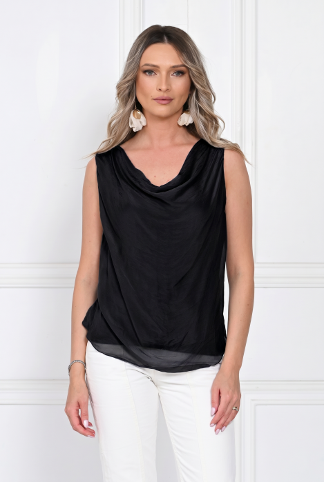 Top dama elegant lejer cu decolteu drapat si croi fluid, negru