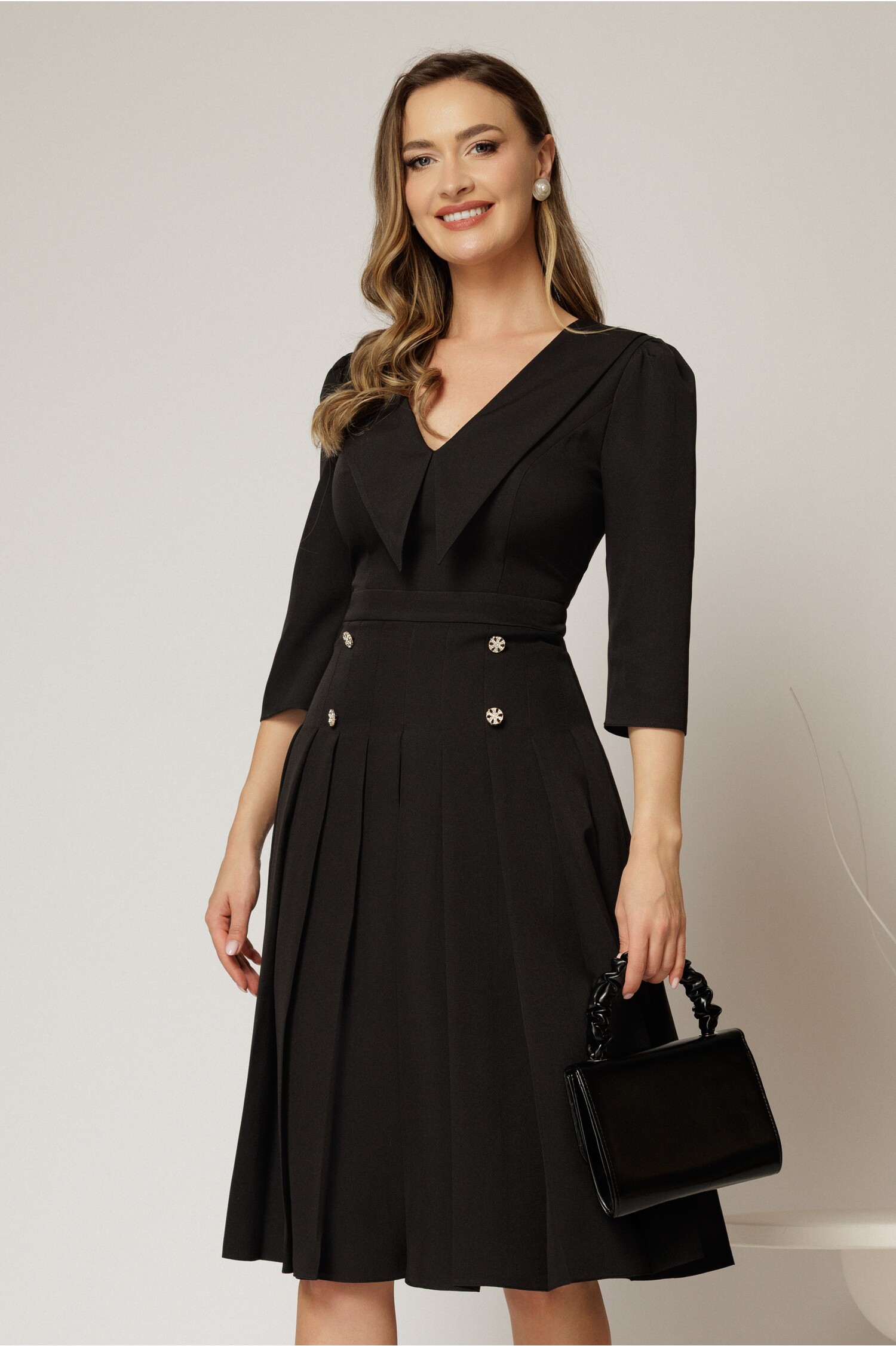 Rochie Neagra DY Fashion Midi cu Plisuri