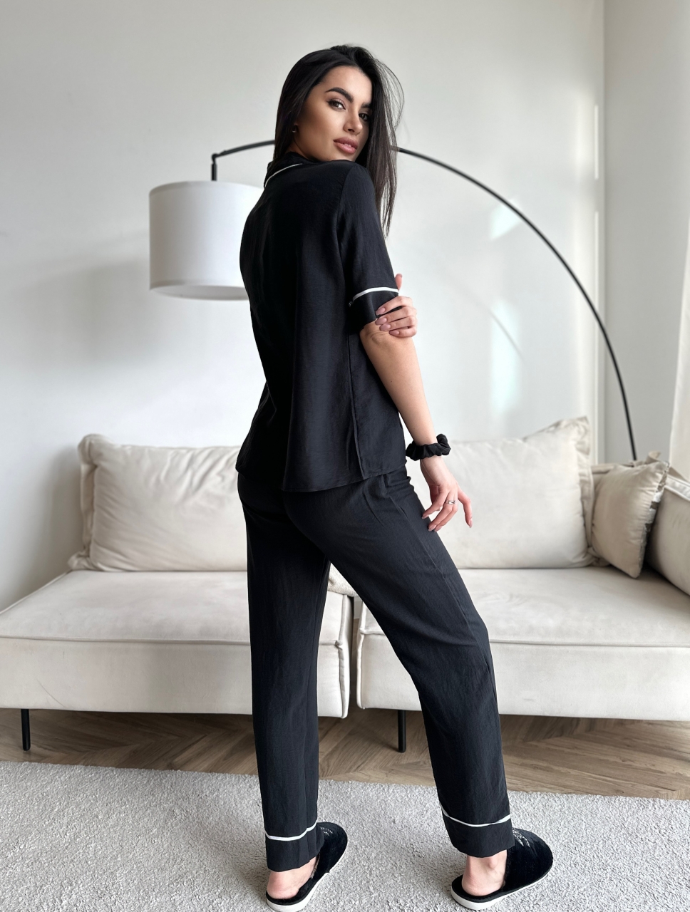 Set Pijama Dama 2 Piese Delis cu Nasturi - Negru - imagine 3