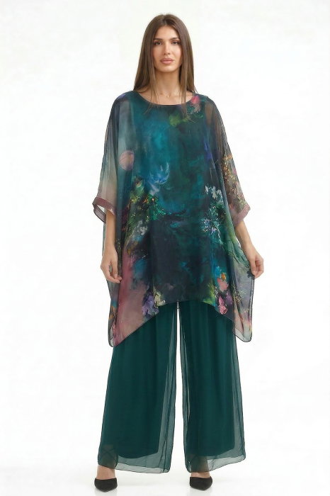 Pantaloni Shopika mătase & viscoză, verde închis