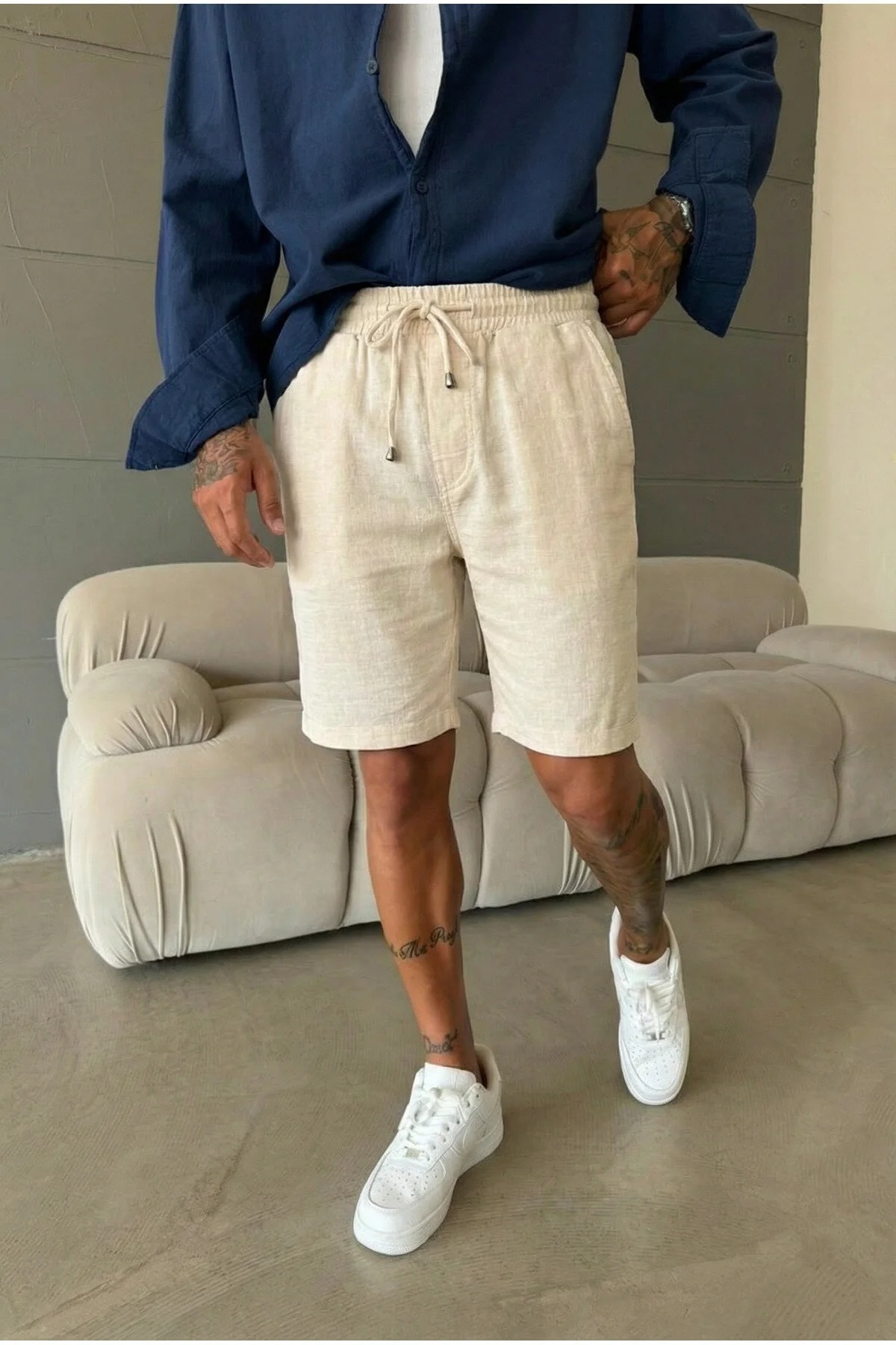 Pantaloni scurti din in  lejeri  bej BG8005