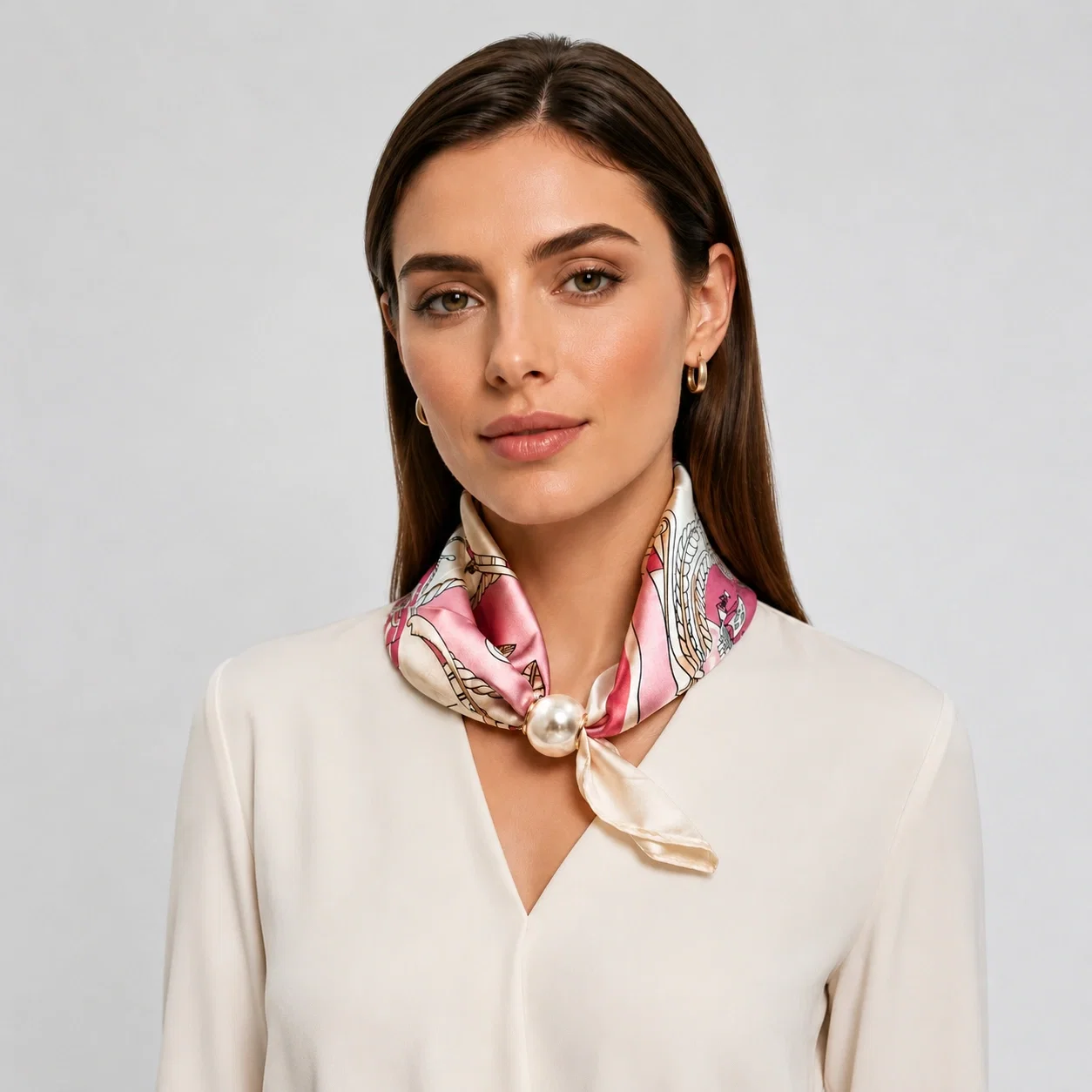 Esarfa colier satinata cu perla decorativa si inchidere magnetica, model floral pe fond alb