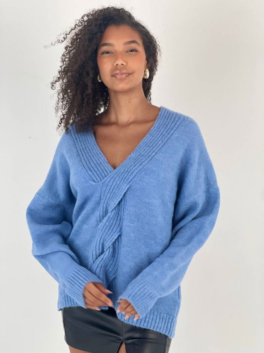 Pulover Miss poem bleu cu împletitură decorativă
