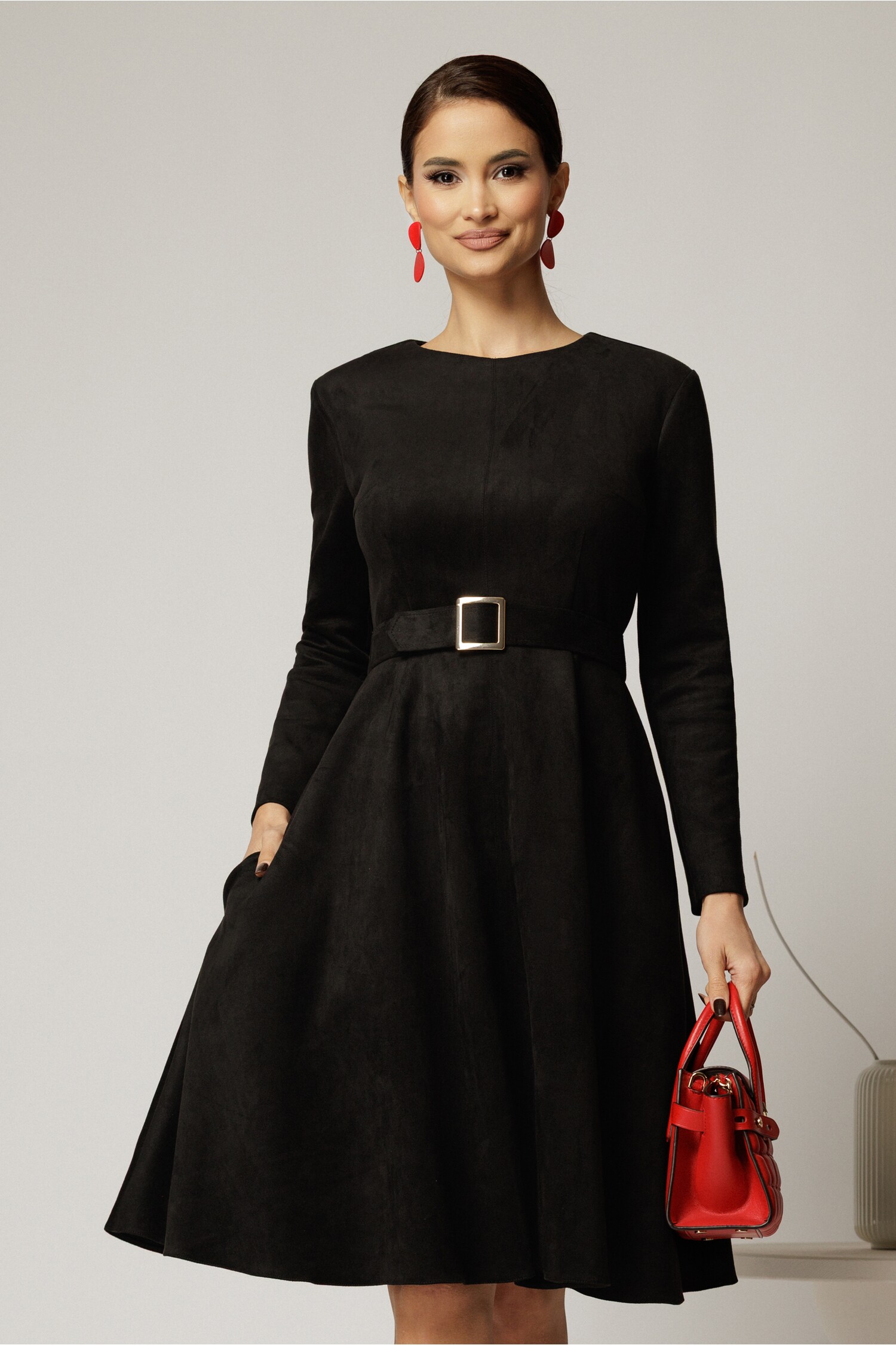 Rochie DY Fashion Neagră Eleganță Piele Intoarsă