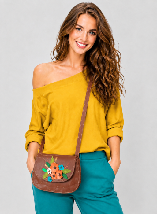 Geanta crossbody handmade, cu maci si flori colorate  ,din piele naturala maro ciocolatiu