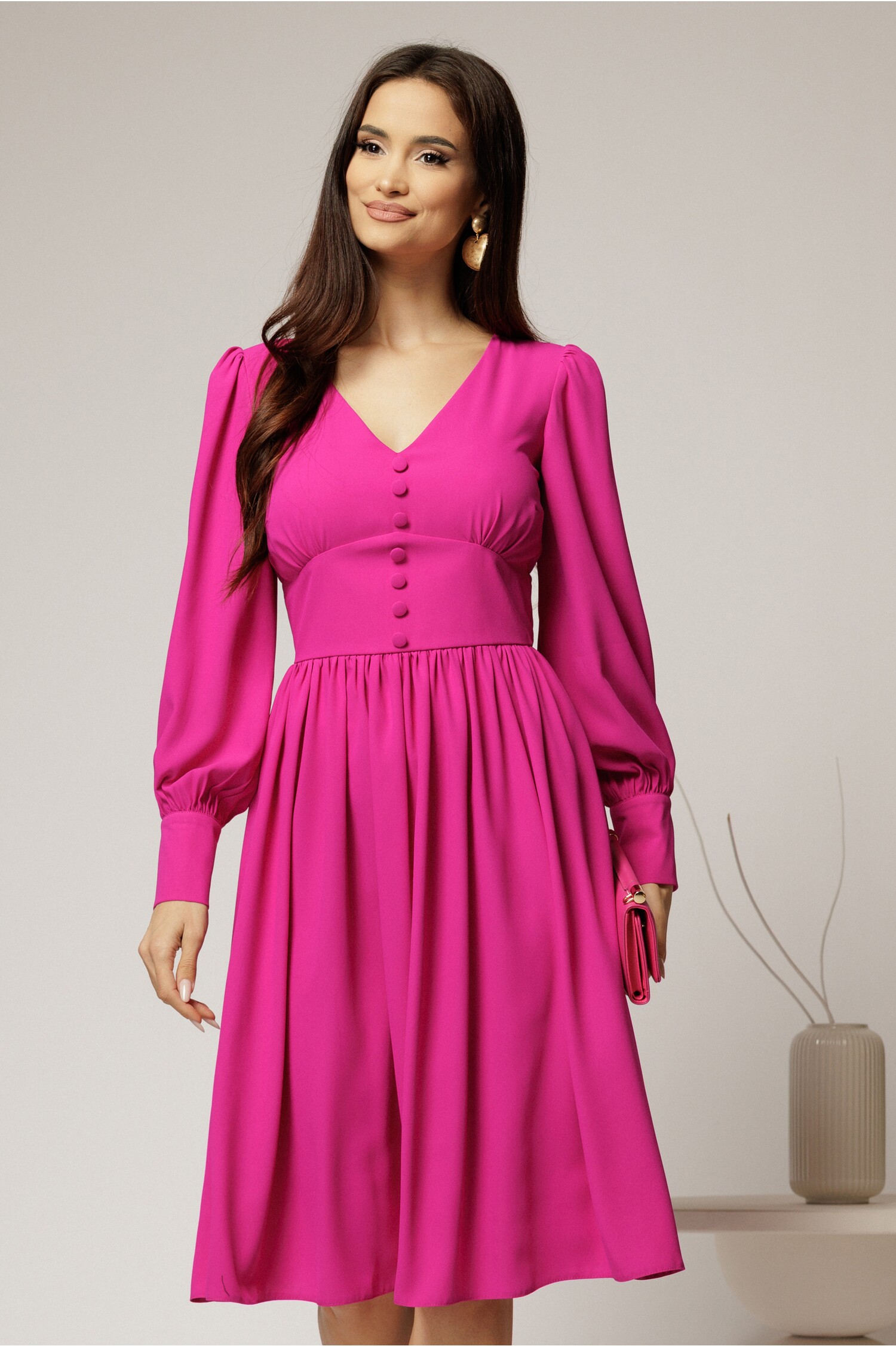 Rochie Midi Fucsia Eleganta cu Nasturi