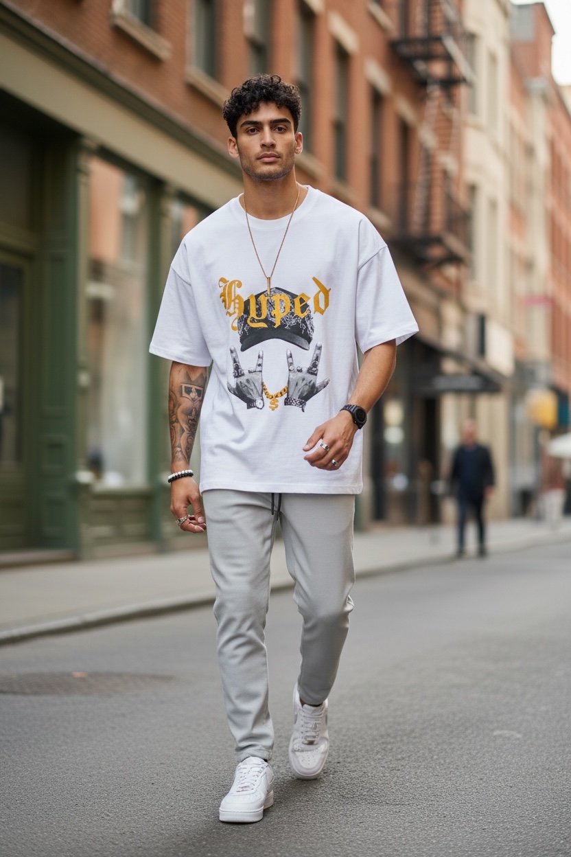 Tricou Barbati Alb Oversize cu Imprimeu - imagine 2