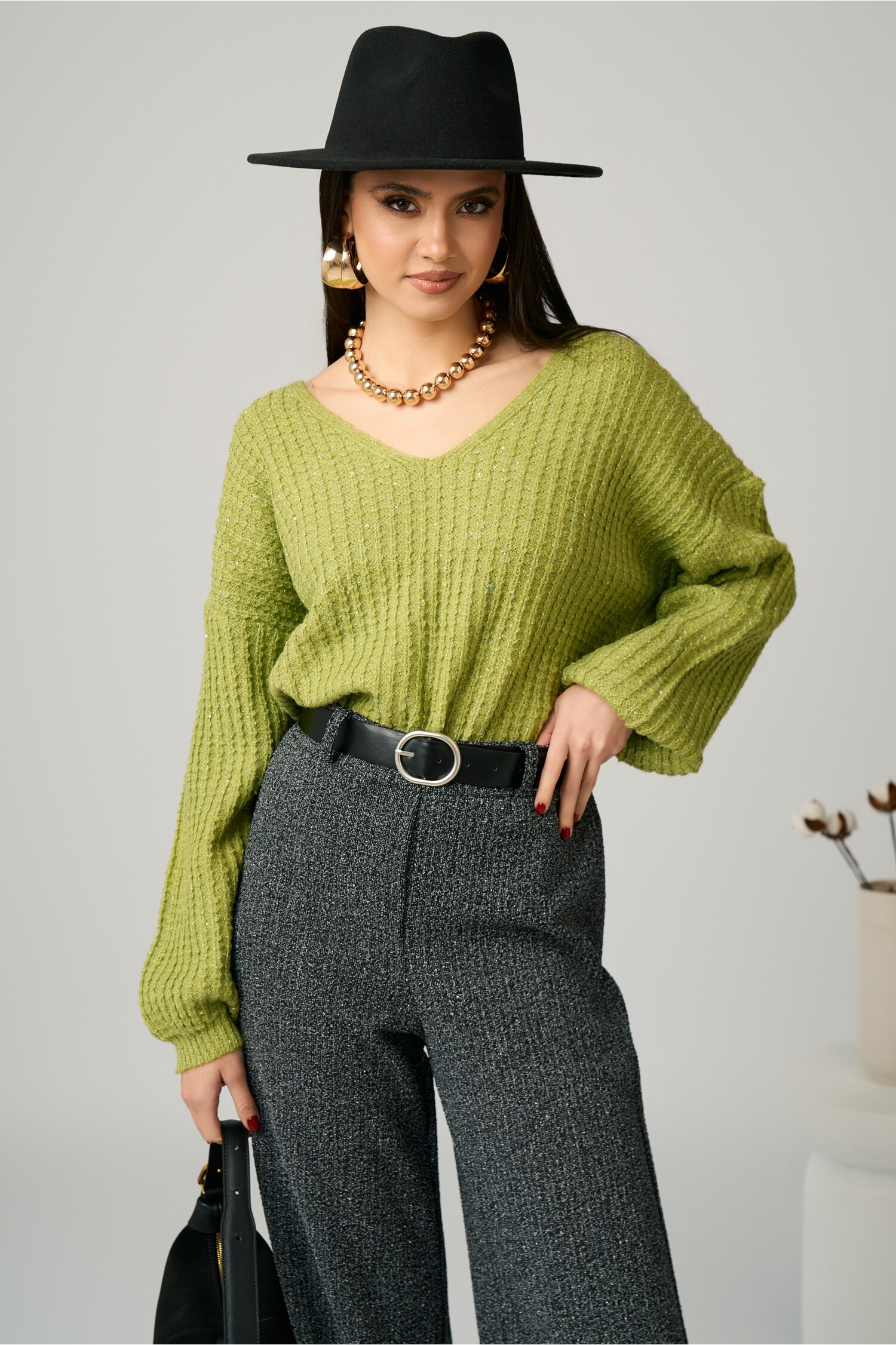 Bluza Casual Verde cu Paiete - Eleganță Relaxată