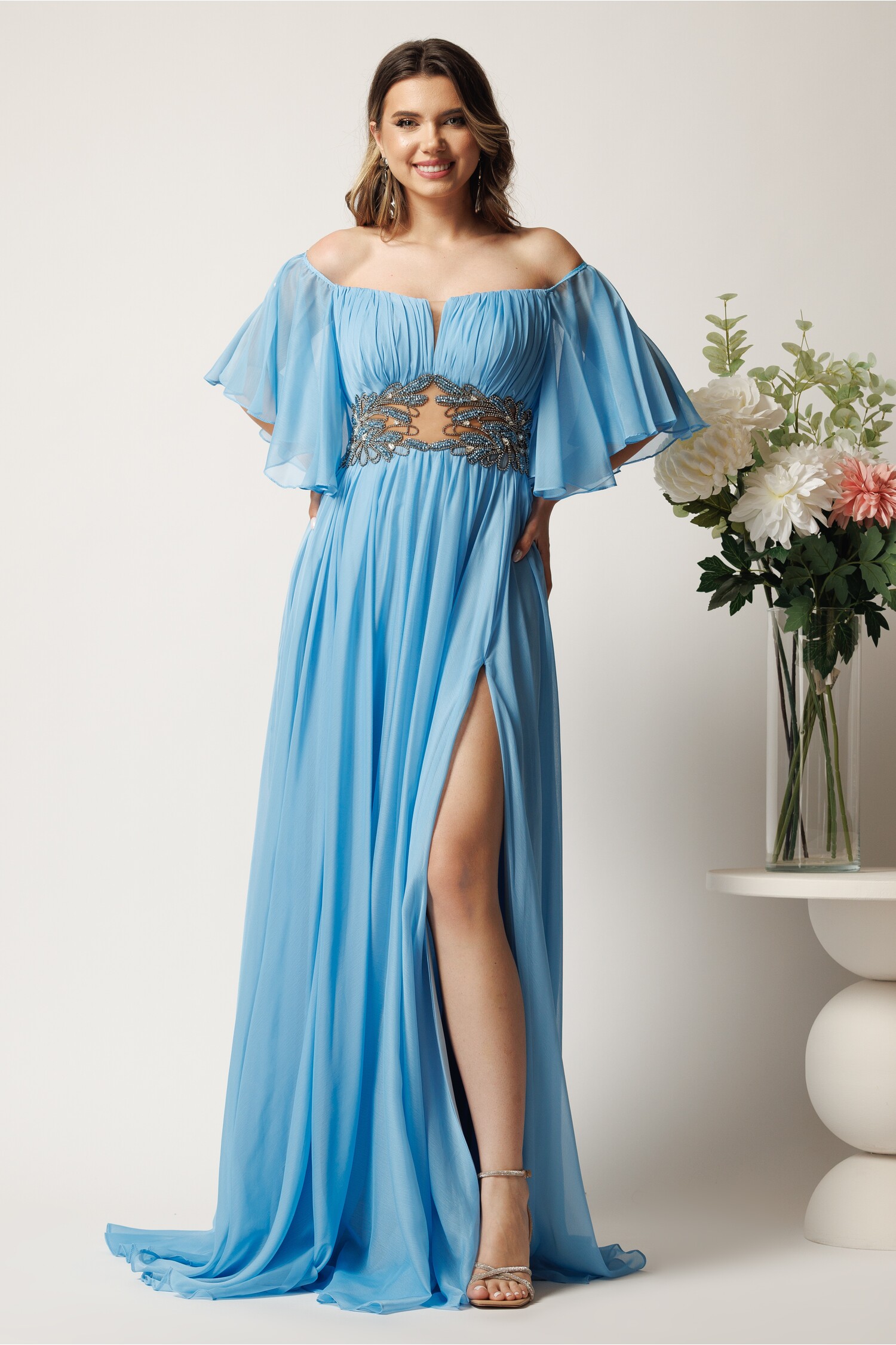 Rochie Bleu Voal cu Strasuri - Eleganță Asigurată