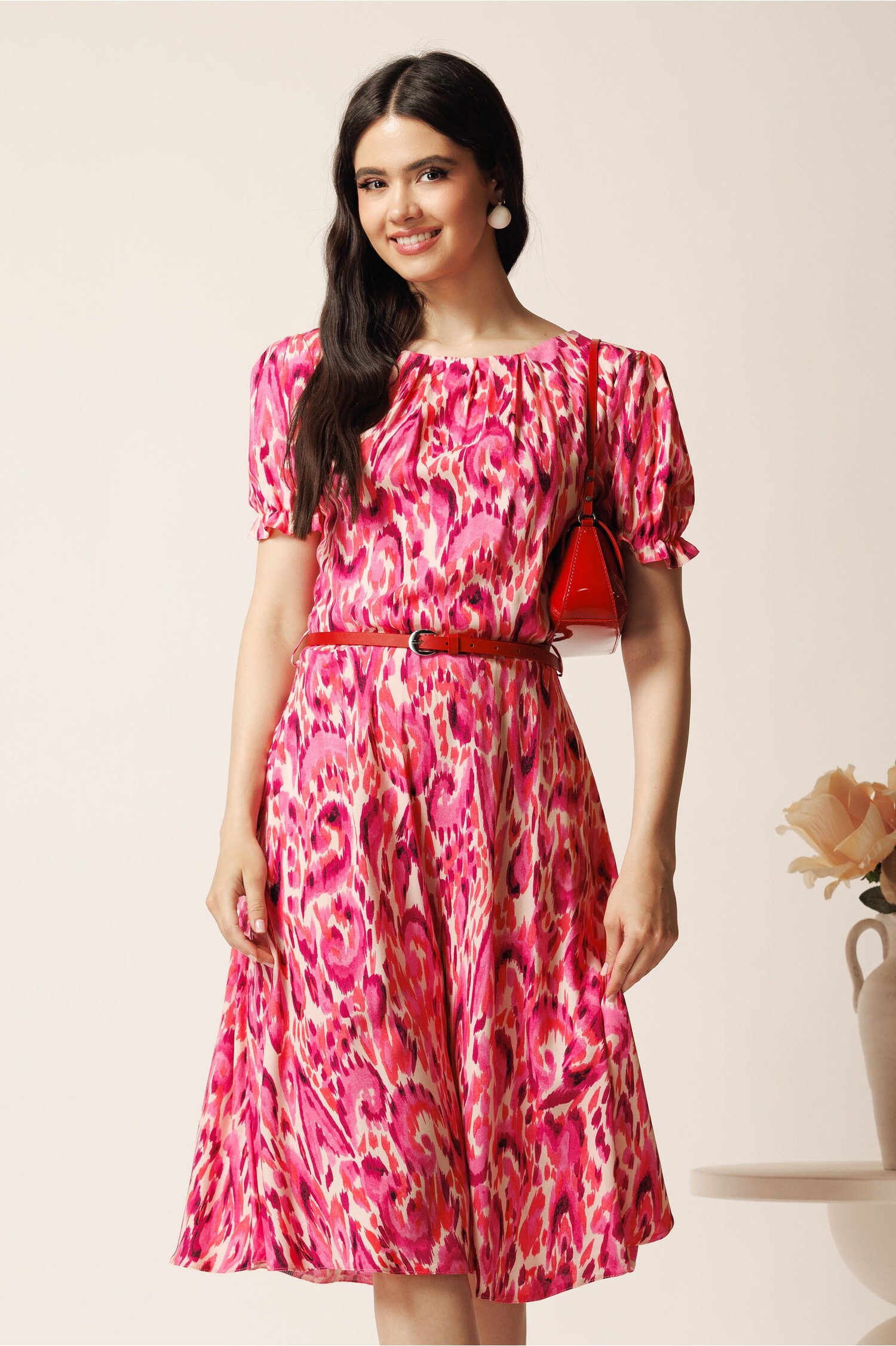 Rochie Midi Magenta Viscoza cu Imprimeu si Curea