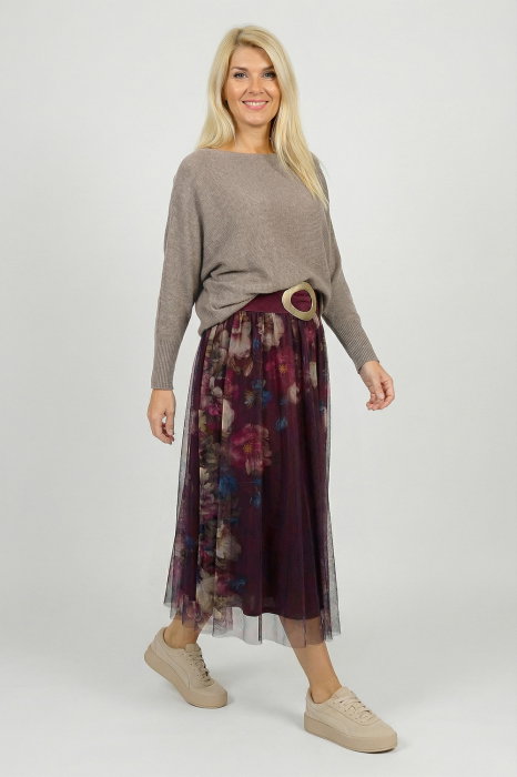 Fusta clos tulle Shopika, floral bordo