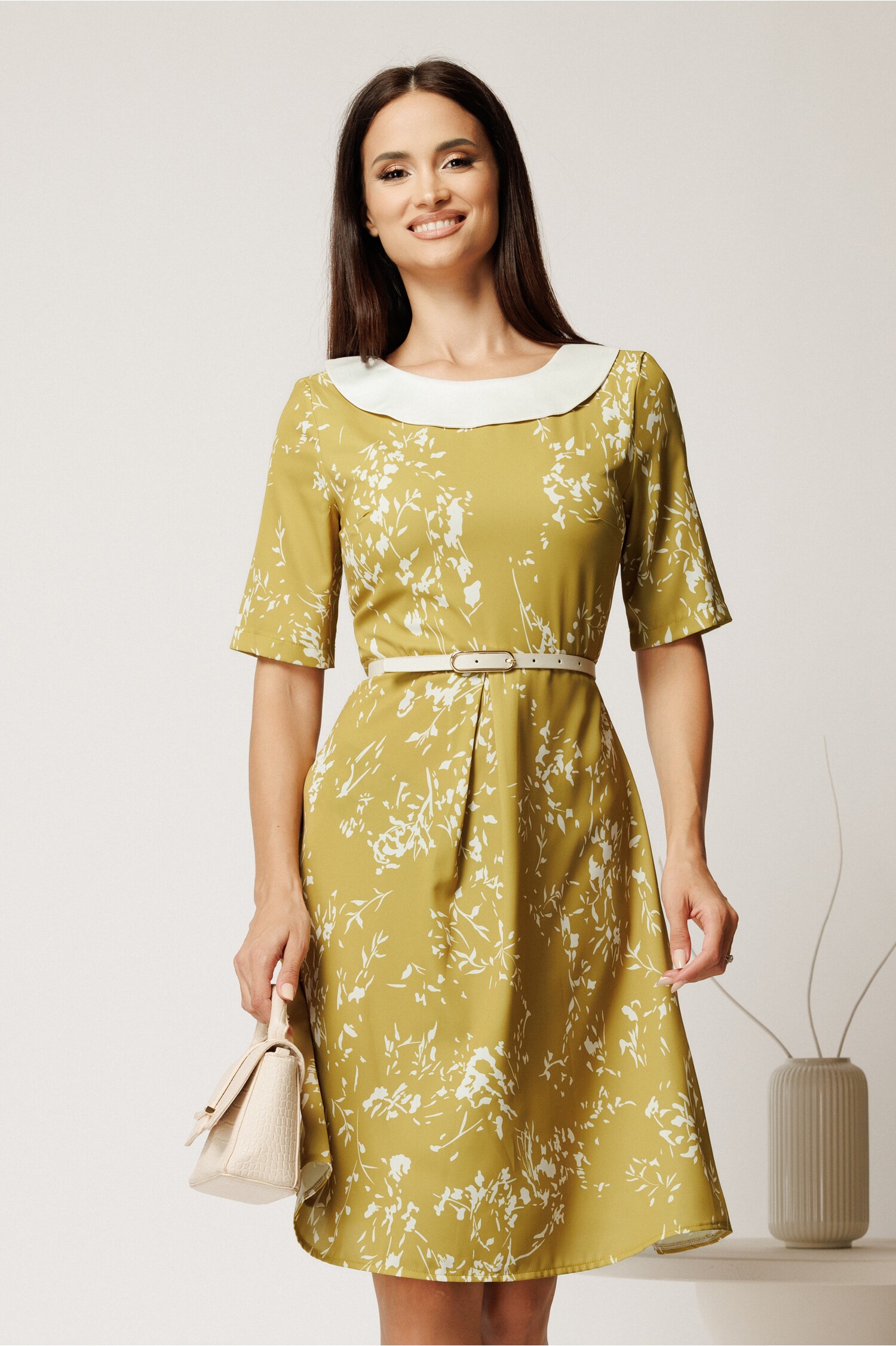 Rochie Galben Mustar cu Imprimeu și Cureă