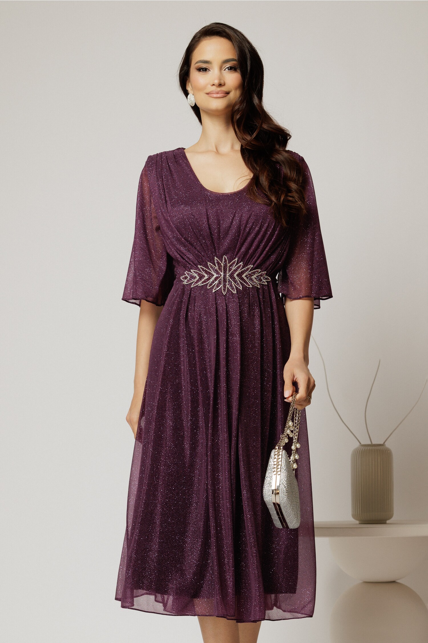 Rochie Midi Mov Ocazie Voal Sclipici