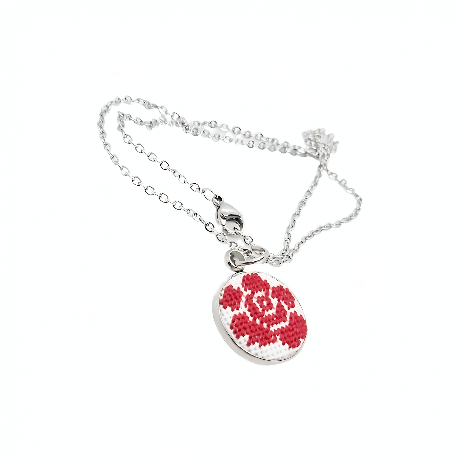 Colier inox cu broderie model floral   trandafir   Rosu