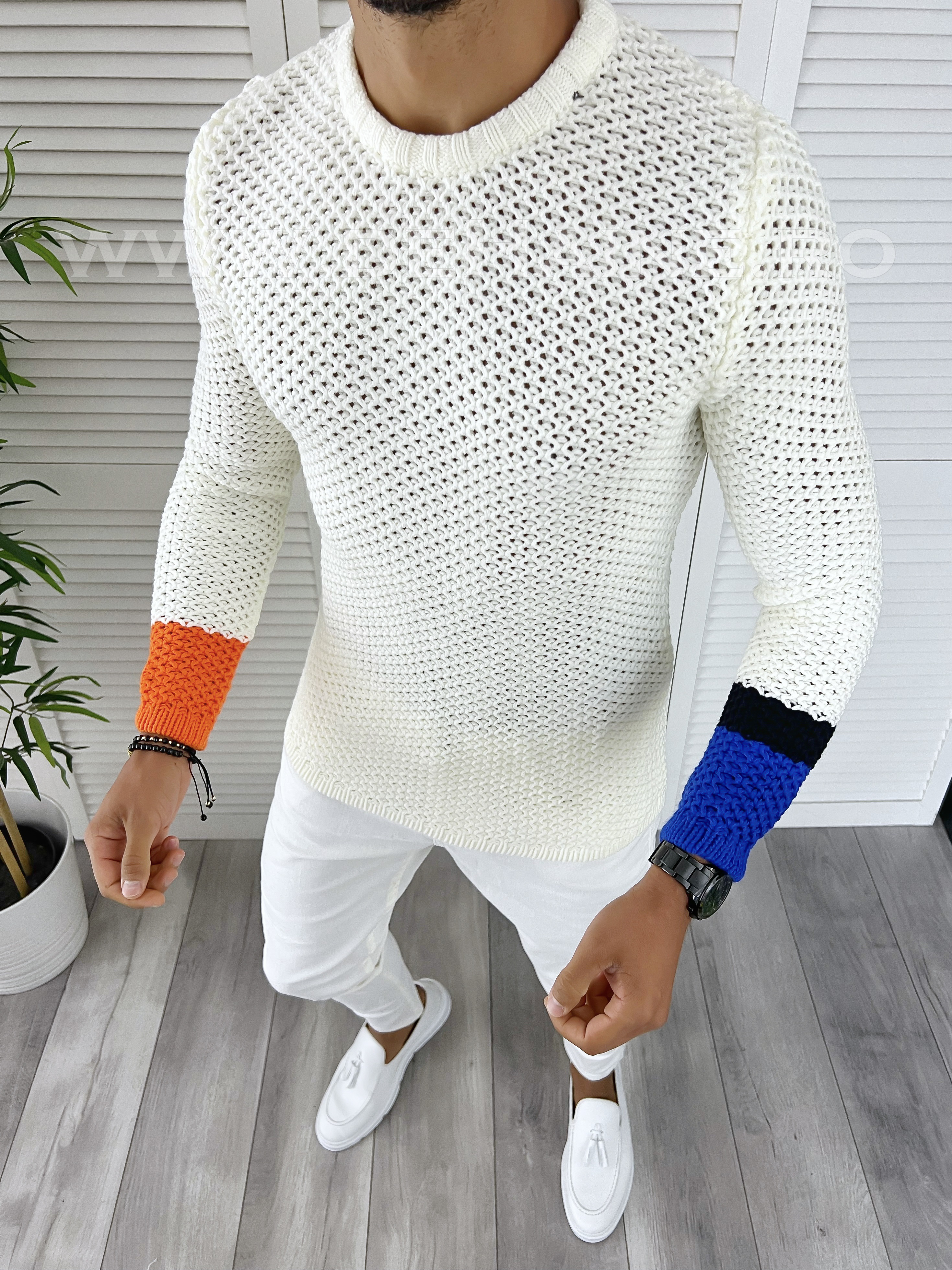 Pulover barbati alb slim fit elegant T3585