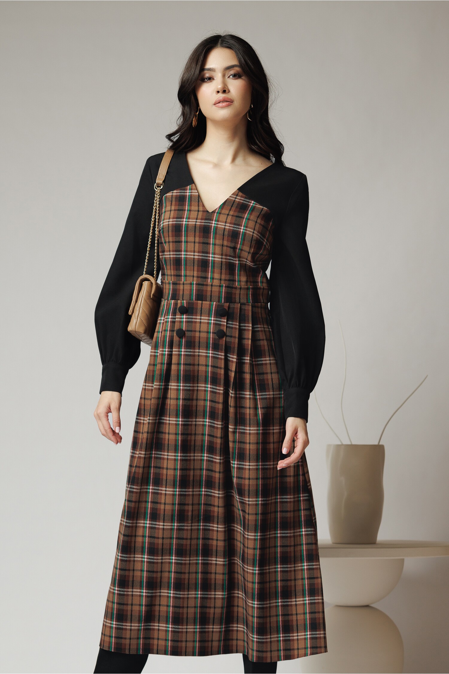 Rochie Office Stofă Carouri Maro | Eleganță