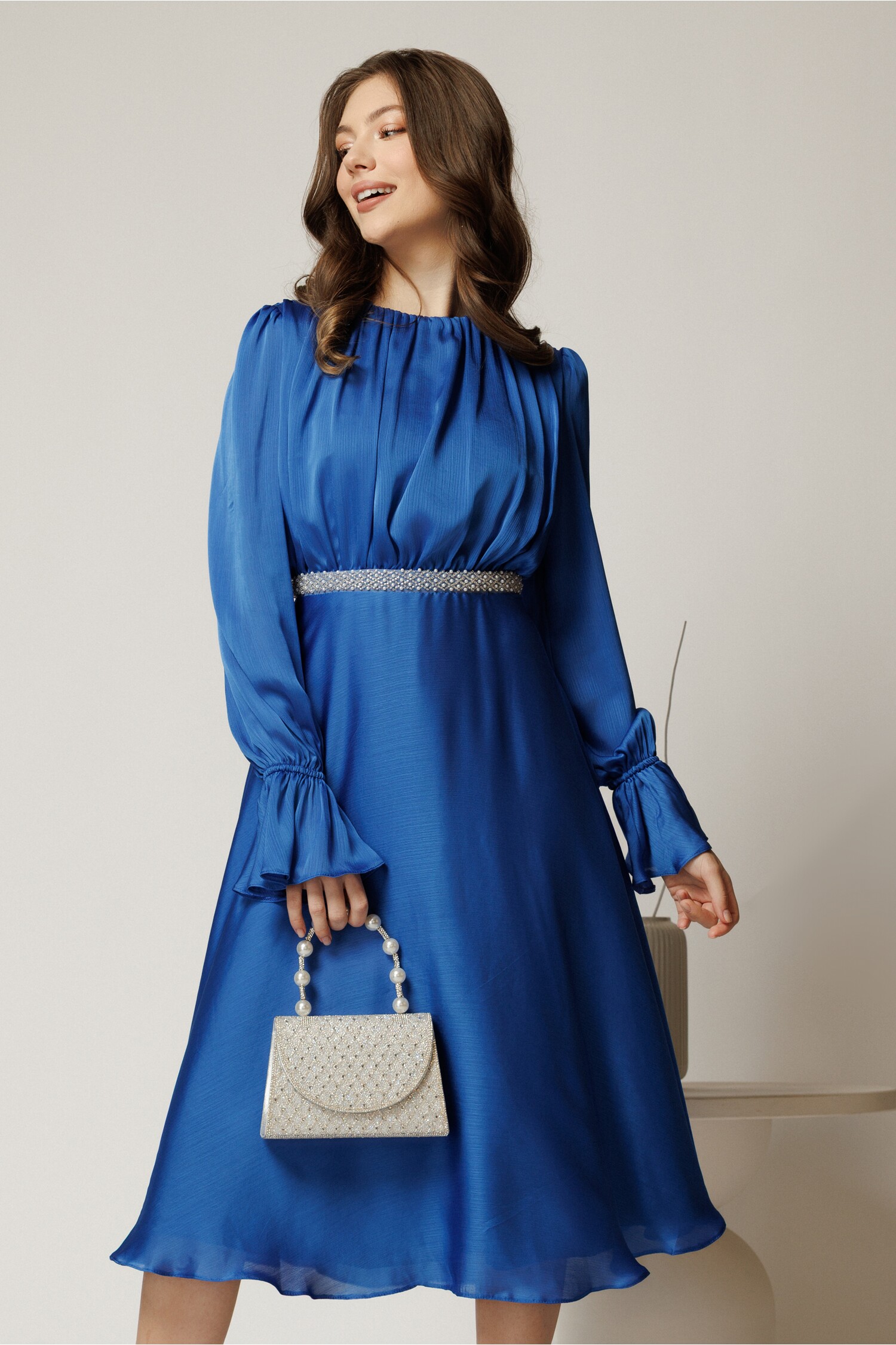 Rochie DY Fashion albastră cu perle - Eleganță cununie