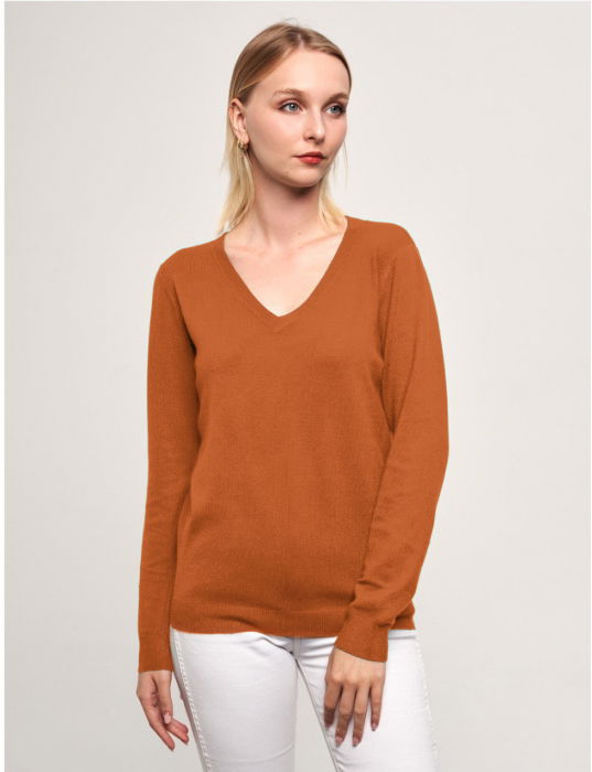 Pulover V-Neck Caramiziu Tricotaj Fin | Shopika