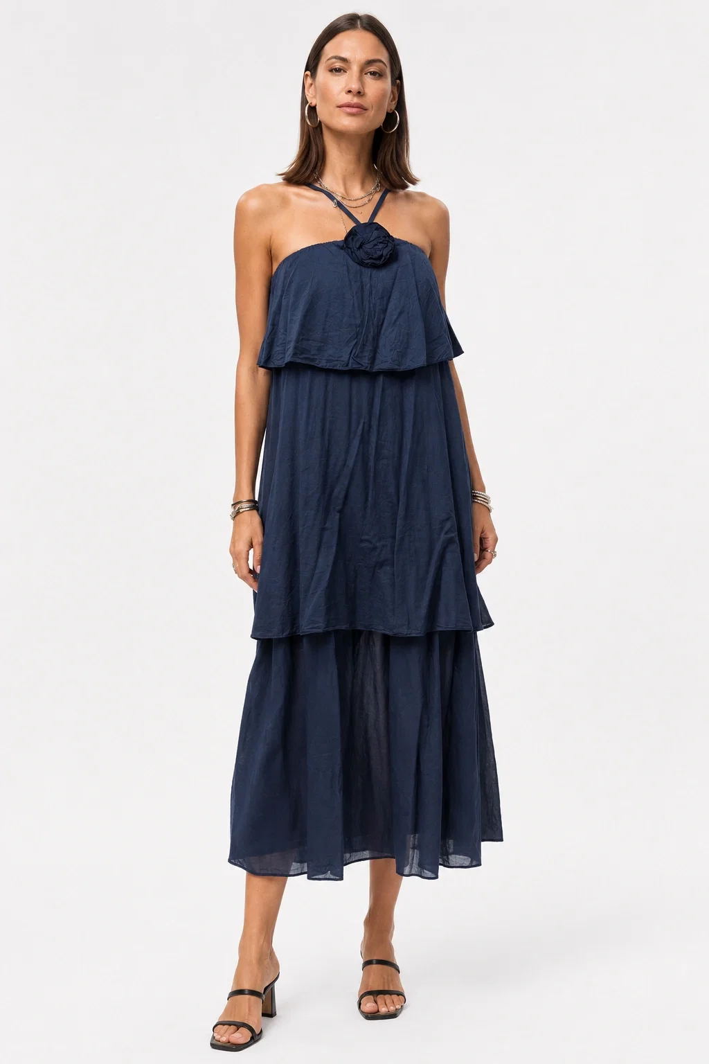 Rochie lunga din batist de bumbac cu bretele reglabile si floare decorativa bleumarin
