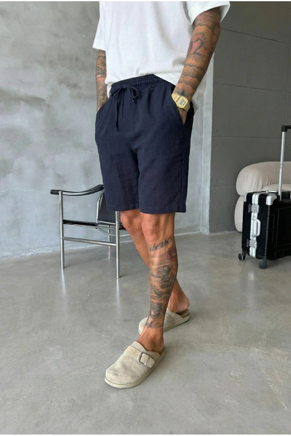 Pantaloni scurti din in  lejeri  albastri BG8005
