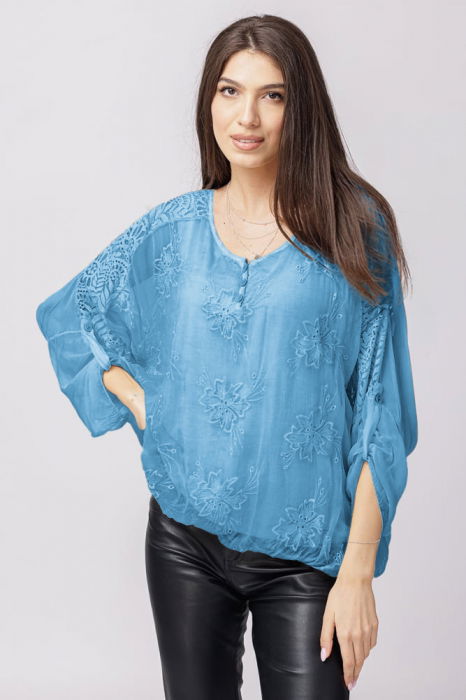 Bluza Shopika Matase Albastru cu Dantela Brodata