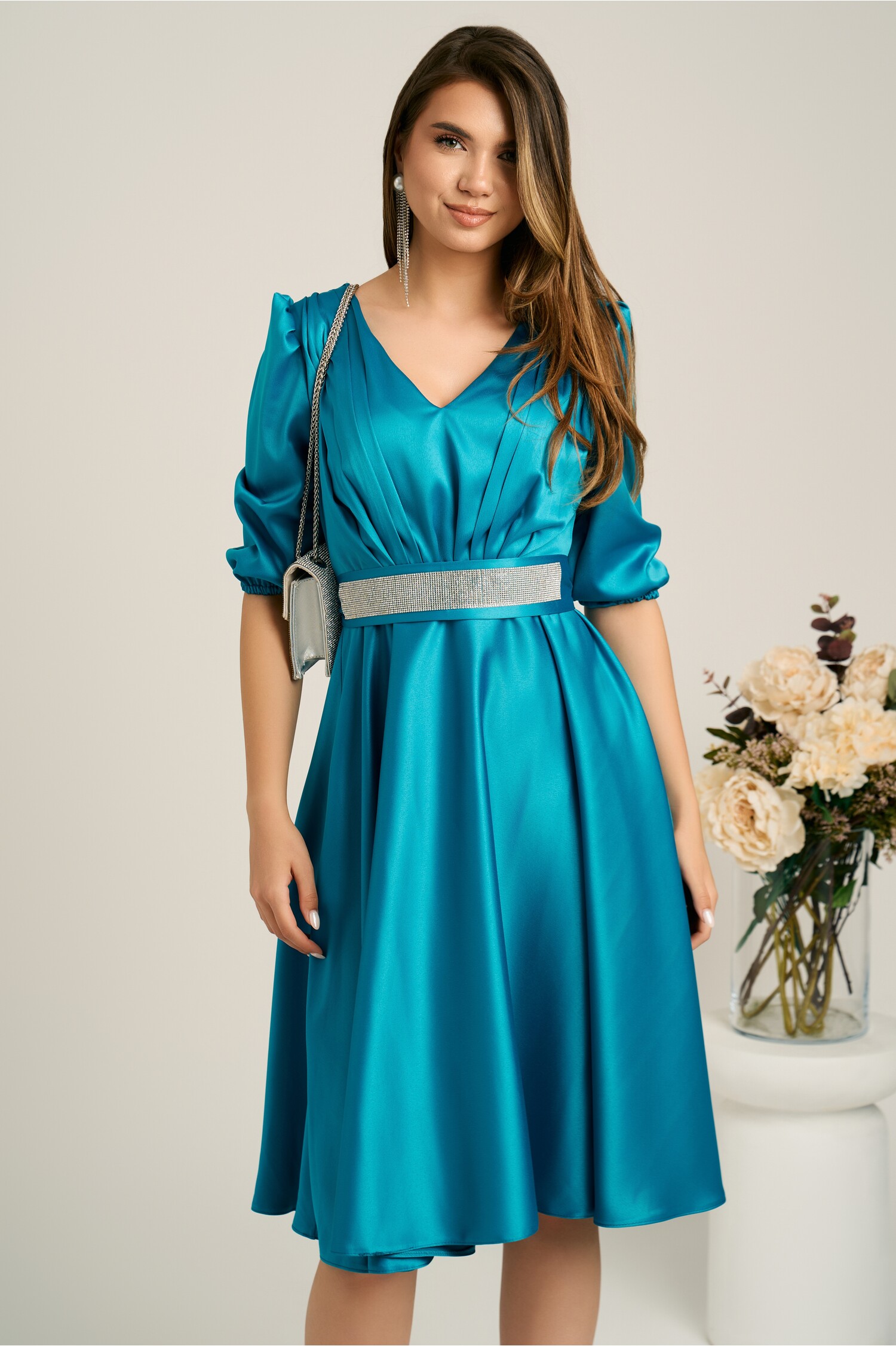 Rochie Midi Turcoaz Ella Collection Tafta Eleganta