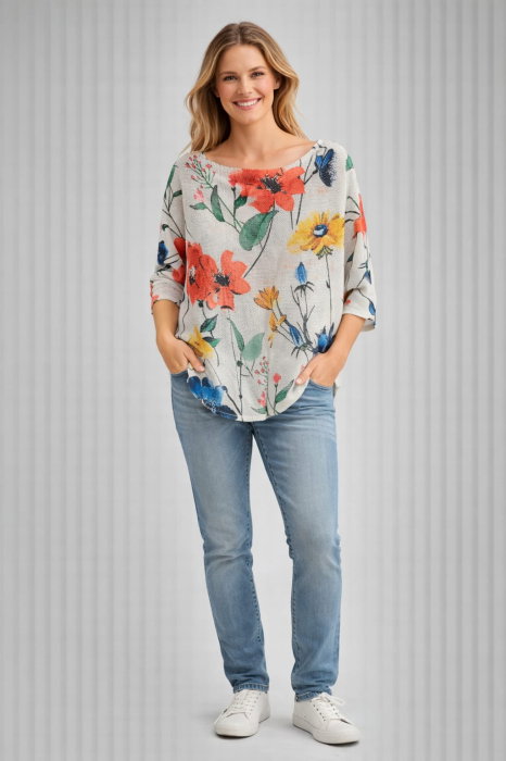 Bluza cu maneca fluture trei sferturi si imprimeu flori multicolore pe fond alb