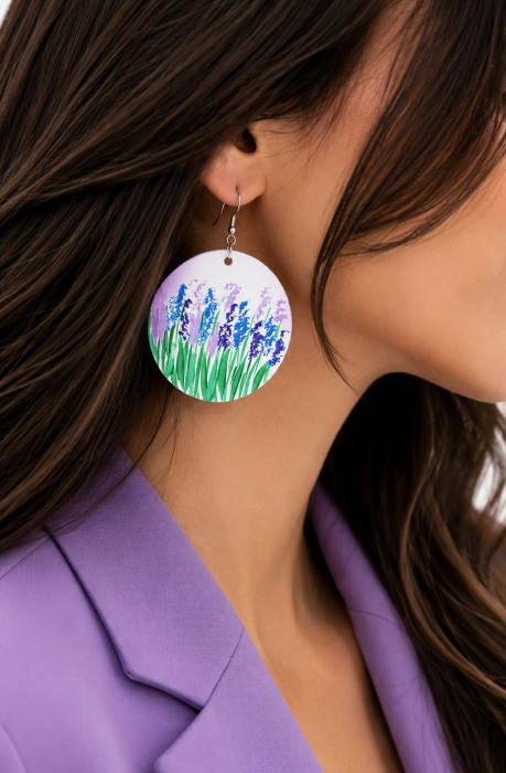Cercei albi handmade din piele naturala  , cu lavanda pictata  ,unicat