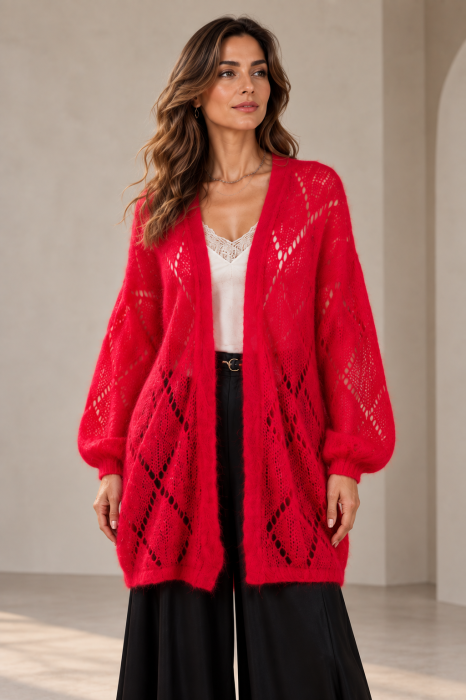 Cardigan lung din Kid Mohair cu tricot ajurat si cordon, rosu