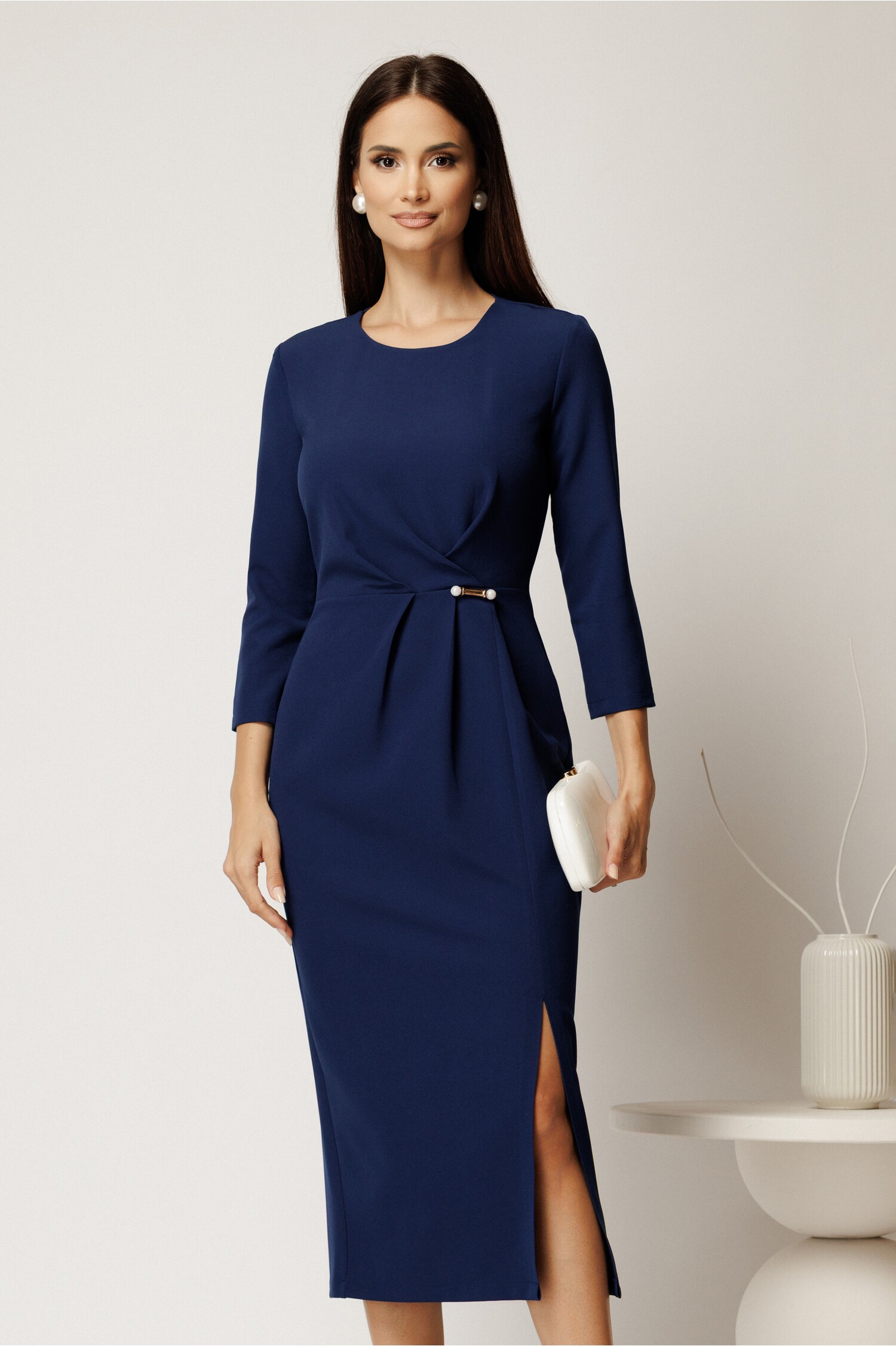 Rochie Midi Albastră Conică cu Pense - Eleganță