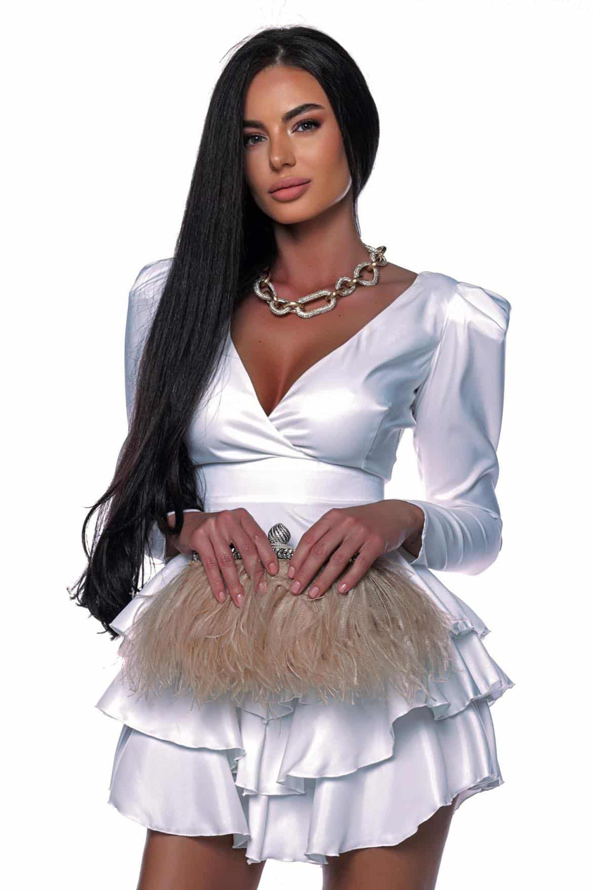 Rochie Saten White Ruffle Eleganta